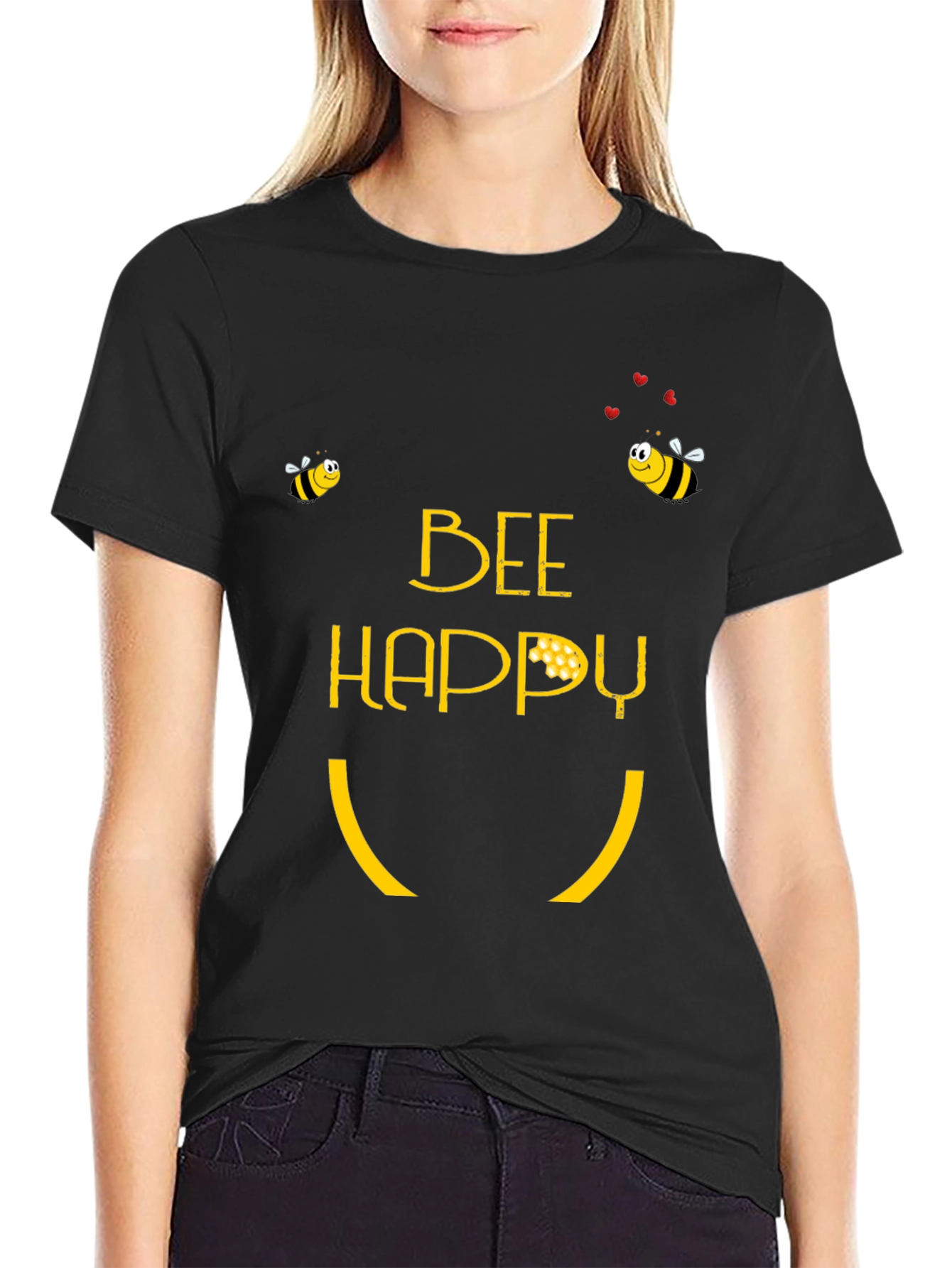 Bee Happy Graphic T-Shirt - Black Cotton Blend