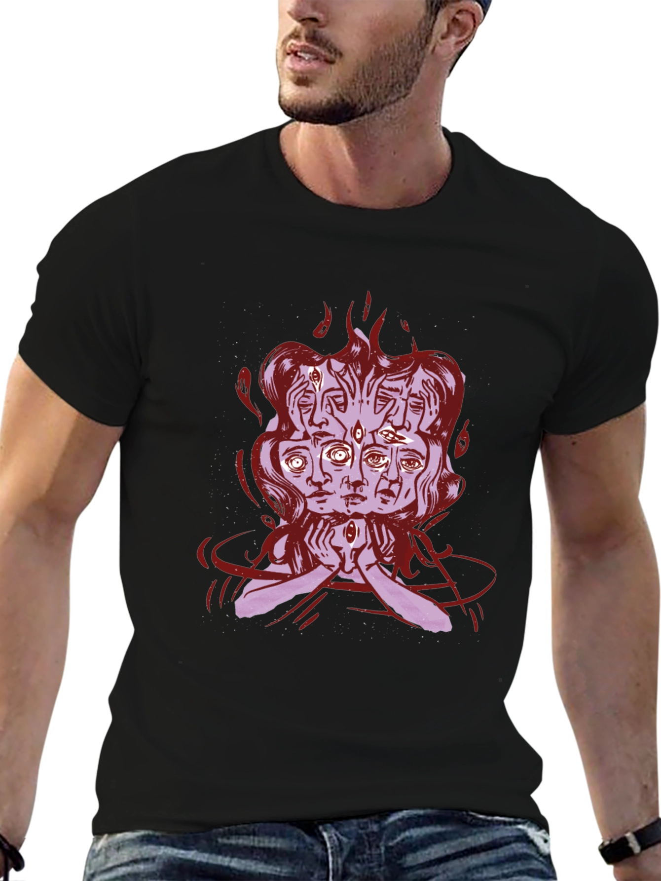 Mystic Faces Graphic Tee - Black Cotton Shirt
