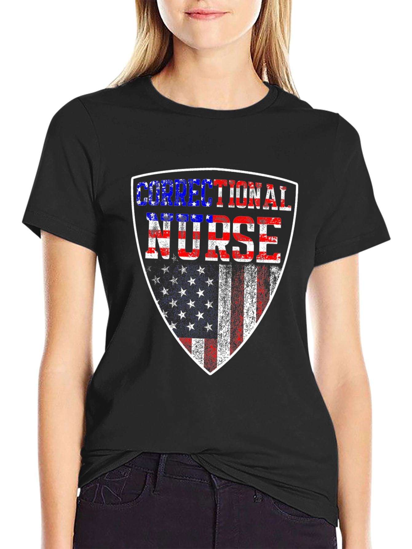 Correctional Nurse American Flag Shield T-Shirt