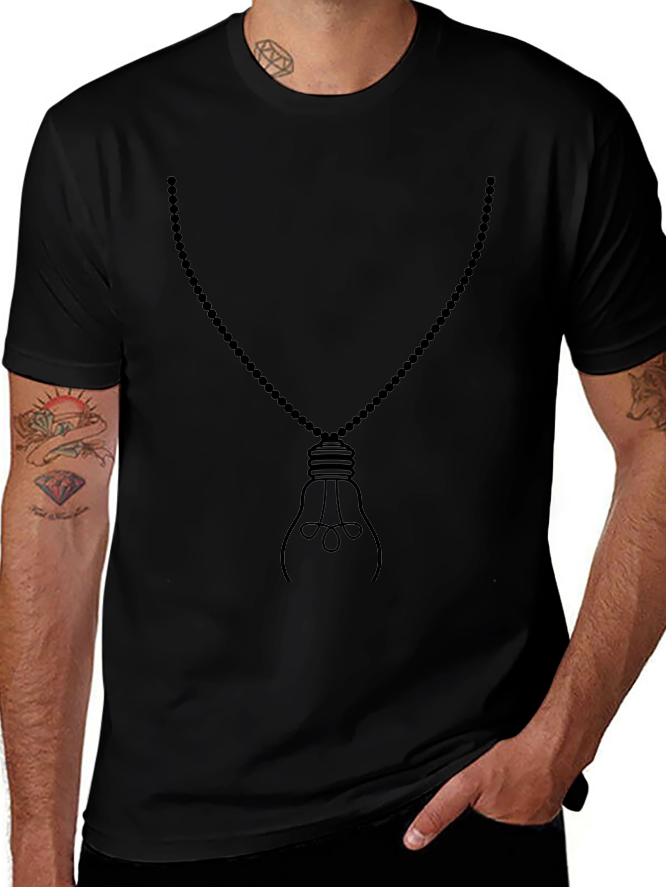 Mens Black Light Bulb Necklace Graphic Tee