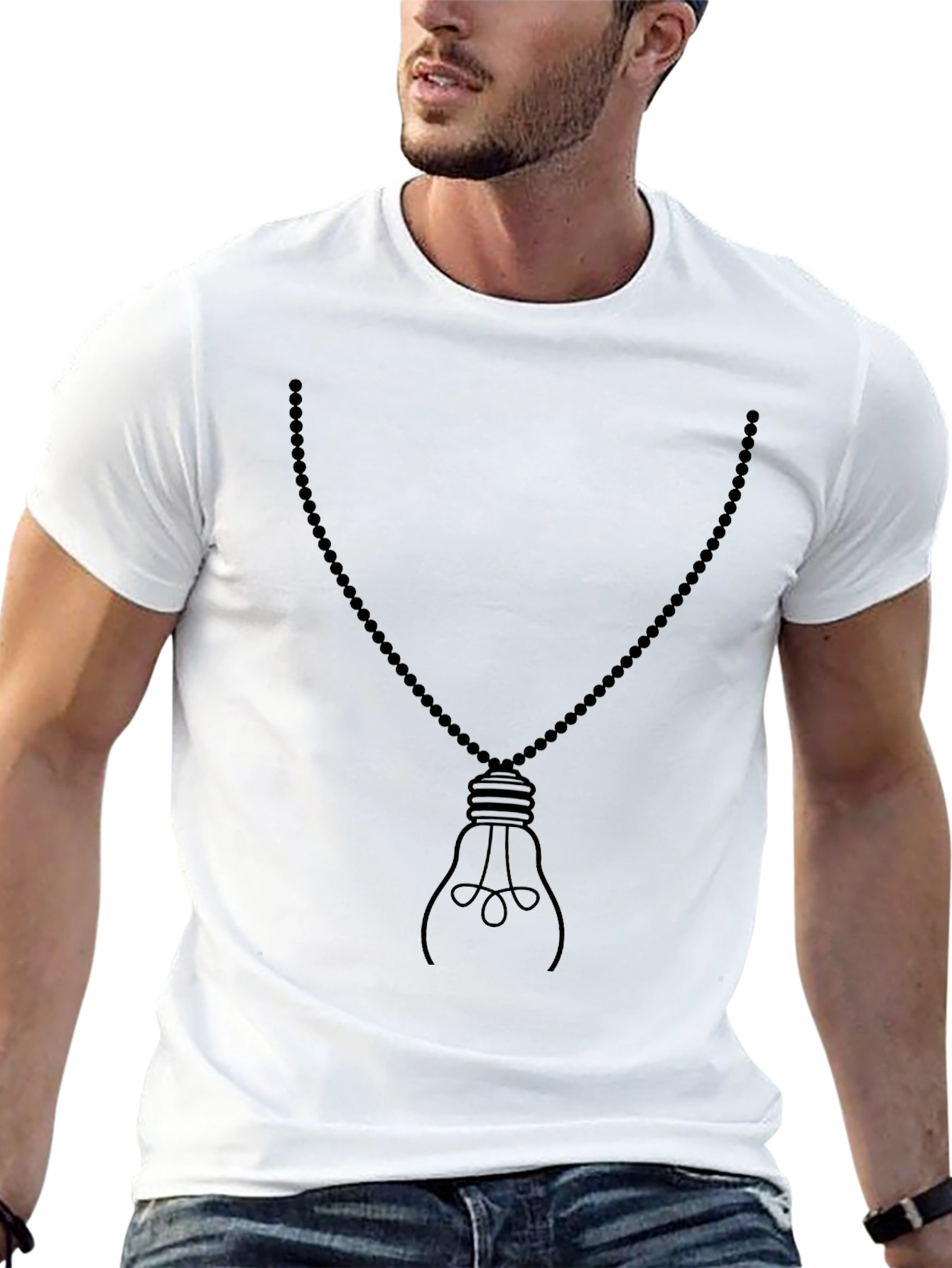 Mens Black Light Bulb Necklace Graphic Tee
