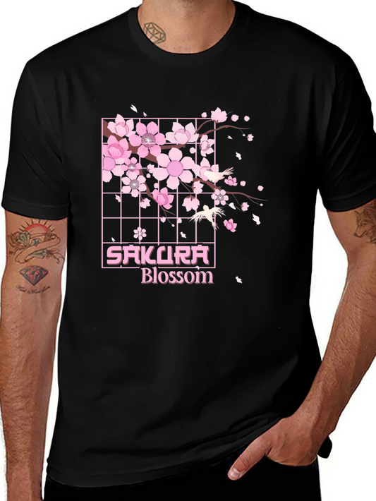 Sakura Blossom Graphic Tee - Black Cotton T-Shirt
