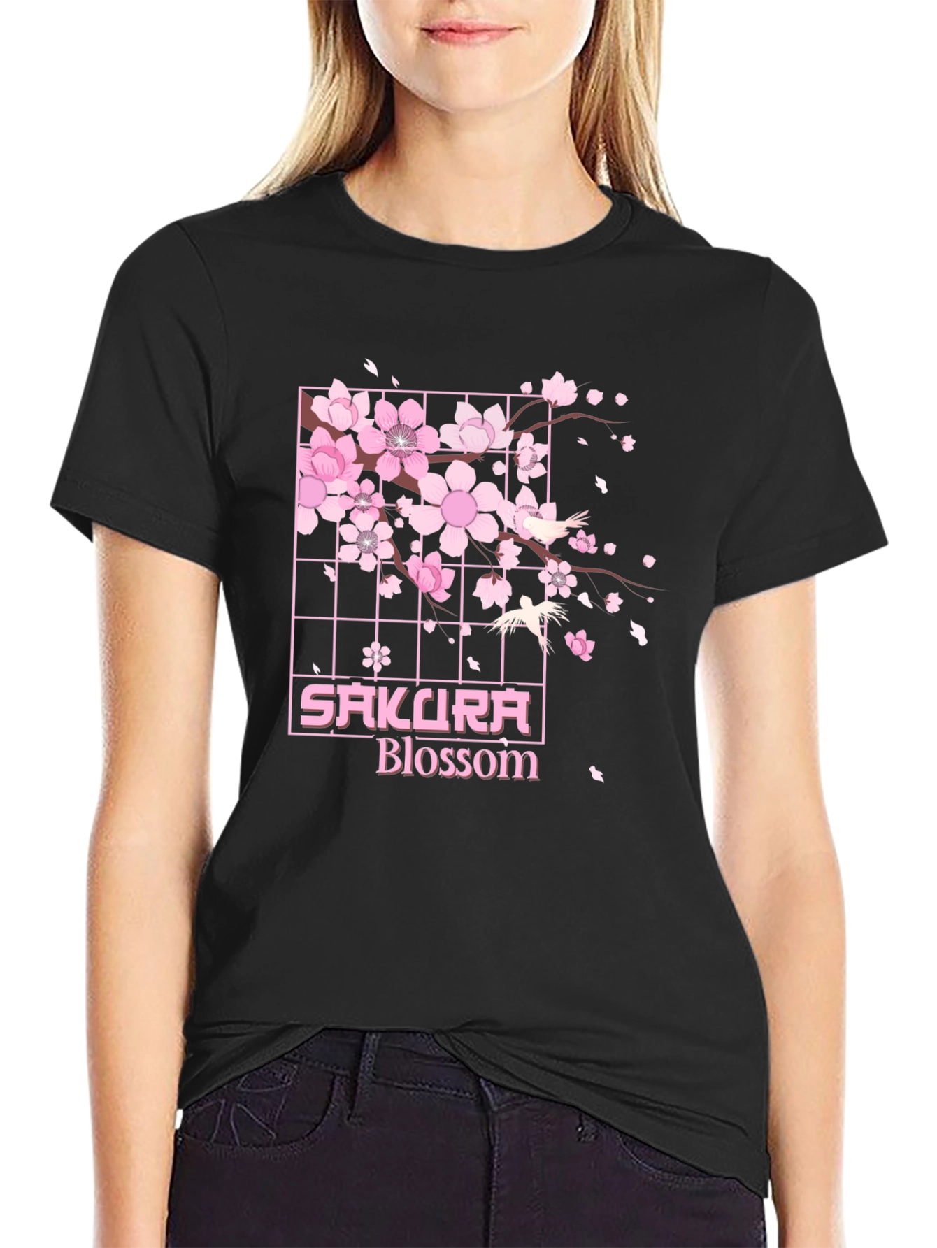 Sakura Blossom Graphic Tee - Black Cotton T-Shirt