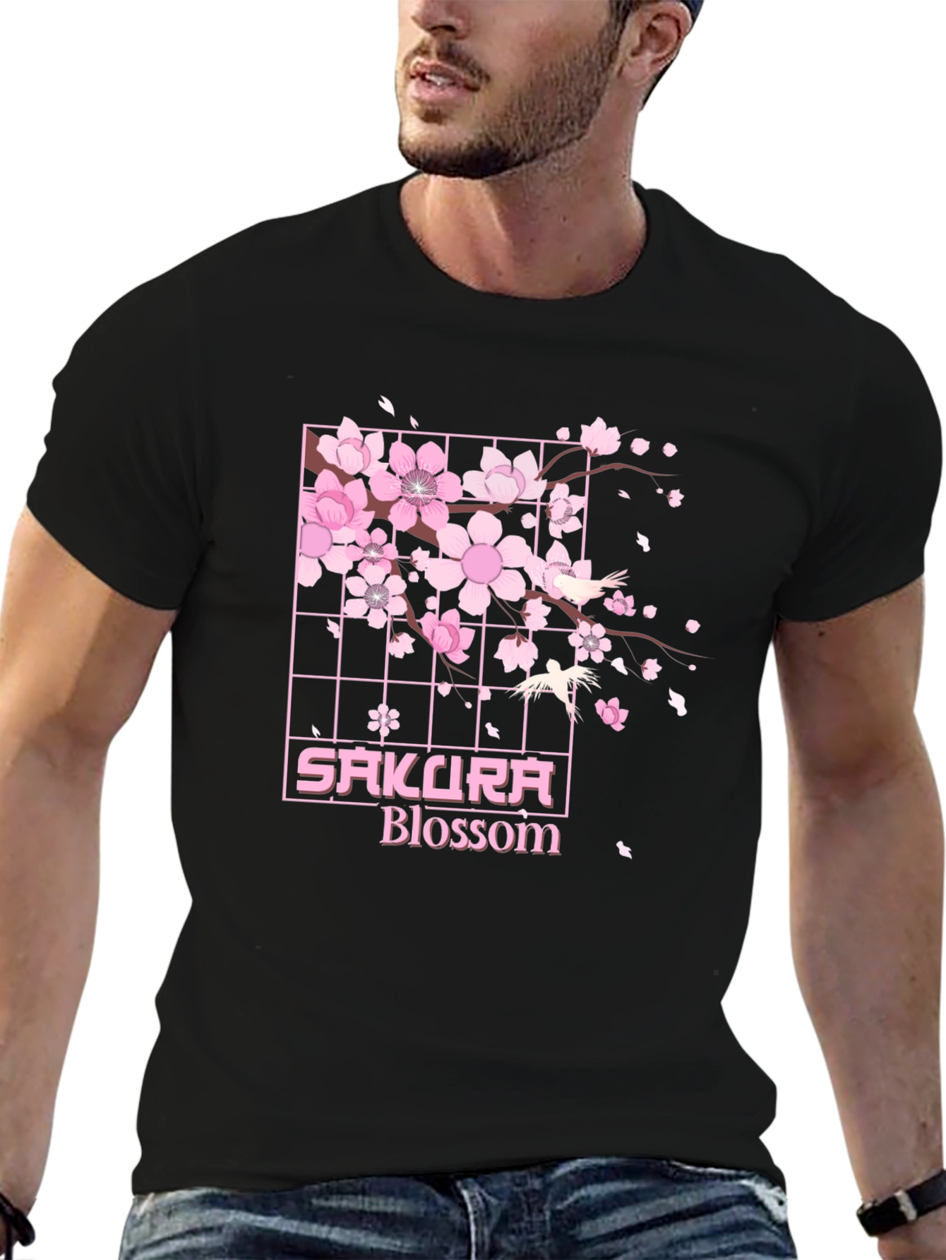 Sakura Blossom Graphic Tee - Black Cotton T-Shirt