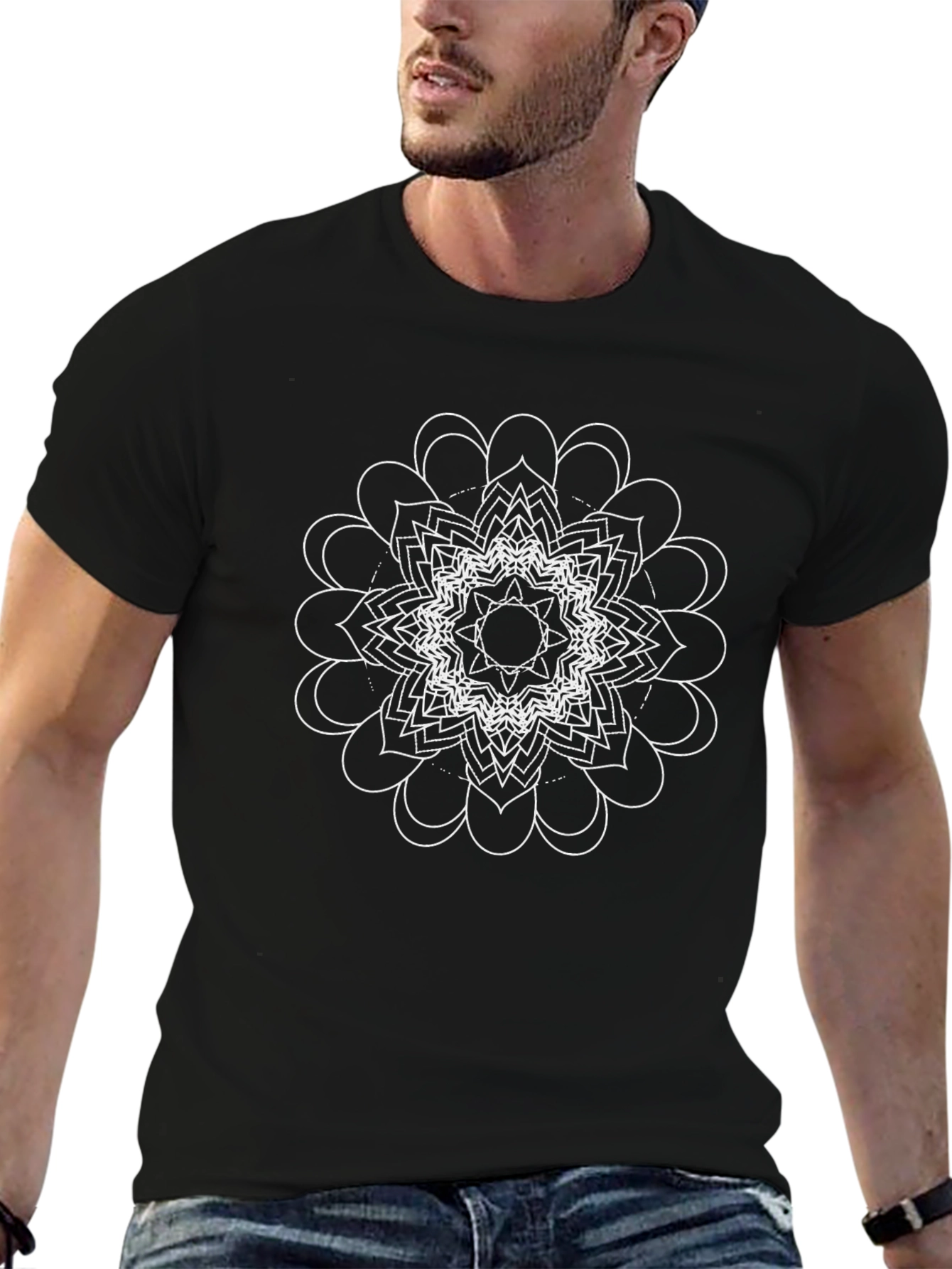 Geometric Mandala Graphic Tee - Black Cotton T-Shirt