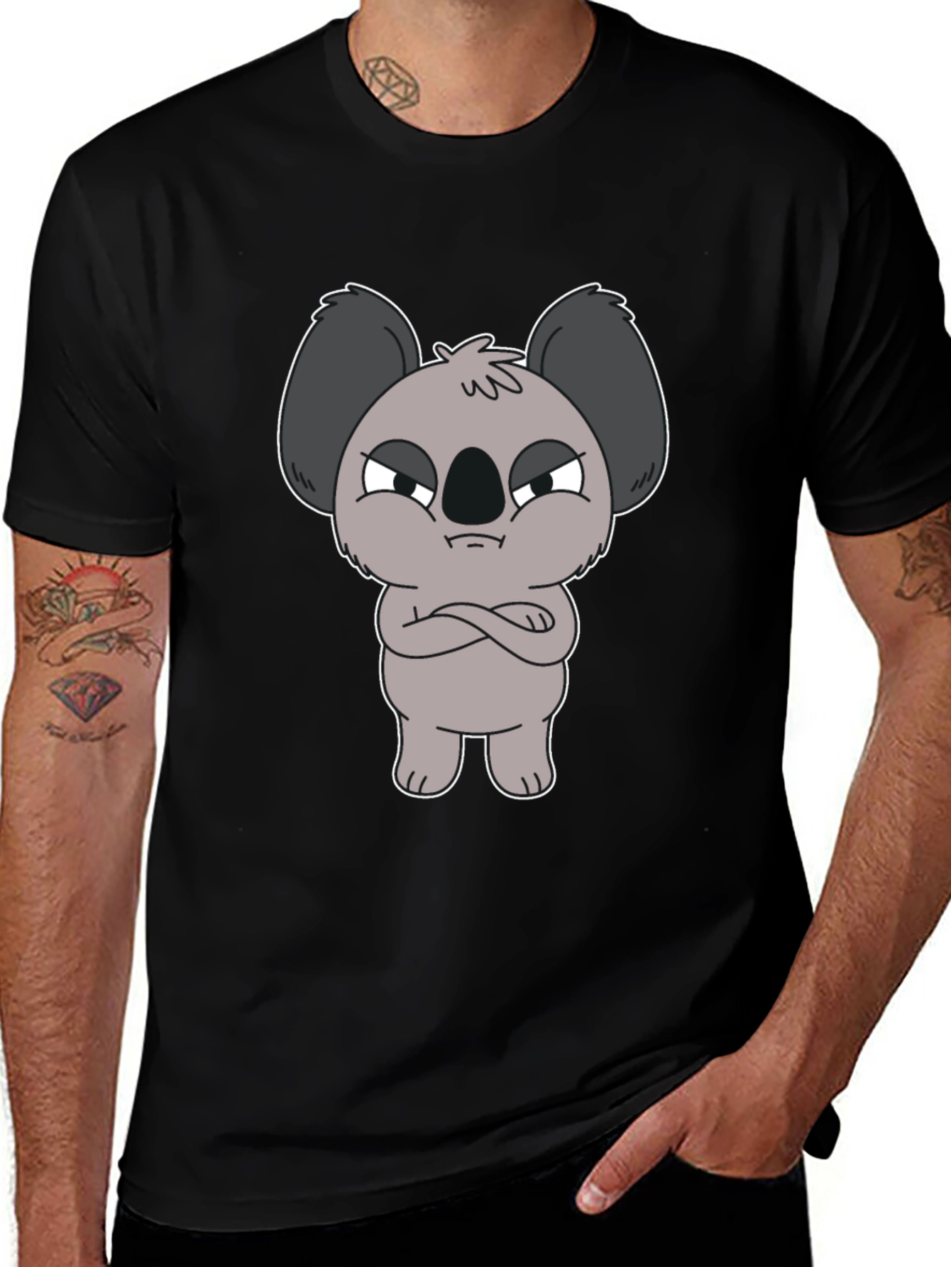 Grumpy Koala Cartoon Graphic T-Shirt - Black