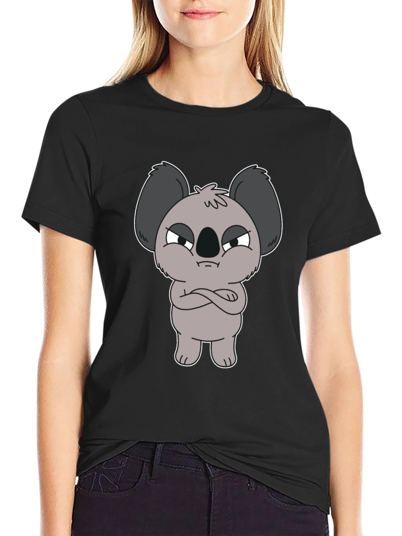 Grumpy Koala Cartoon Graphic T-Shirt - Black