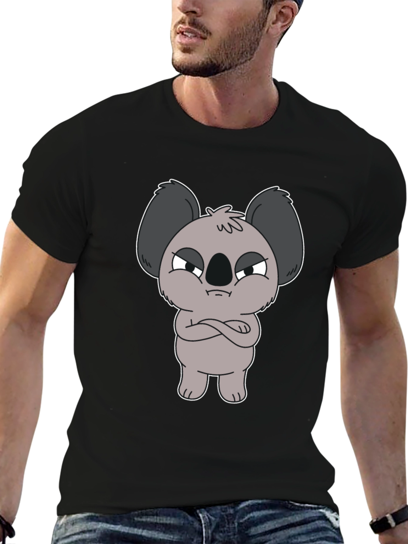 Grumpy Koala Cartoon Graphic T-Shirt - Black