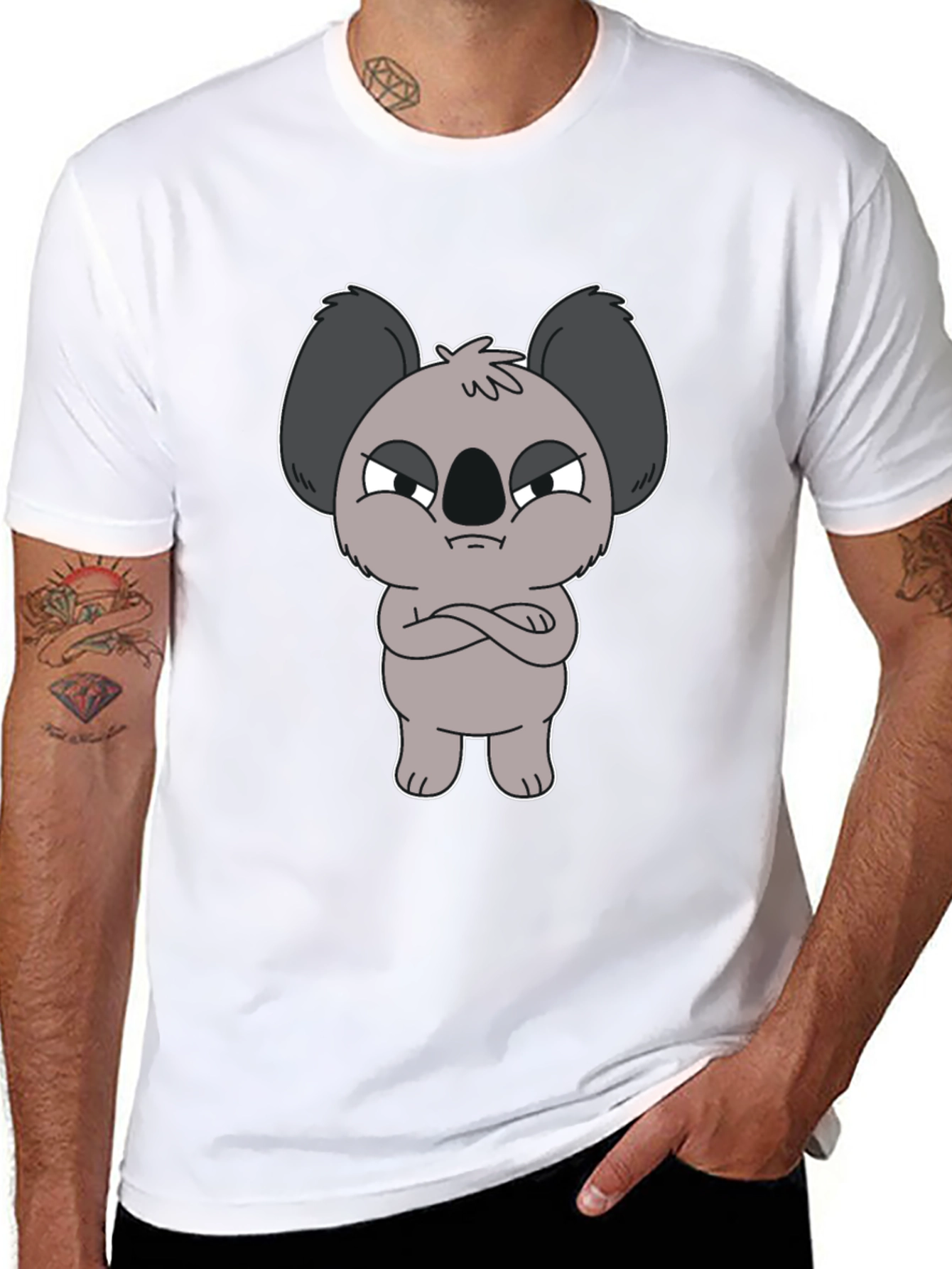 Grumpy Koala Cartoon Graphic T-Shirt - Black