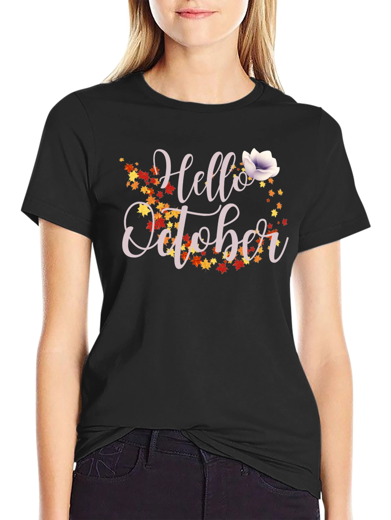 Hello October Fall Leaves Graphic T-Shirt