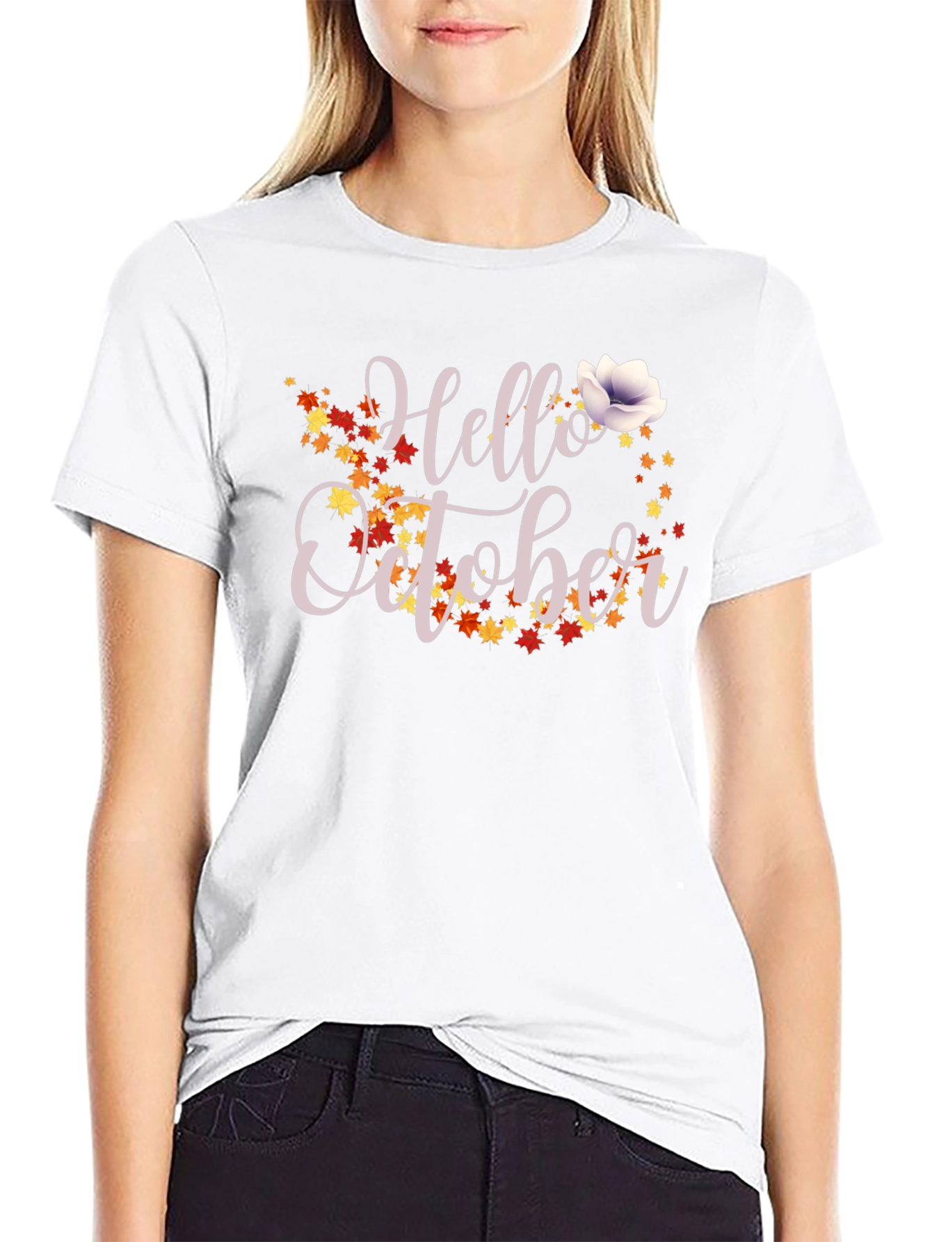 Hello October Fall Leaves Graphic T-Shirt