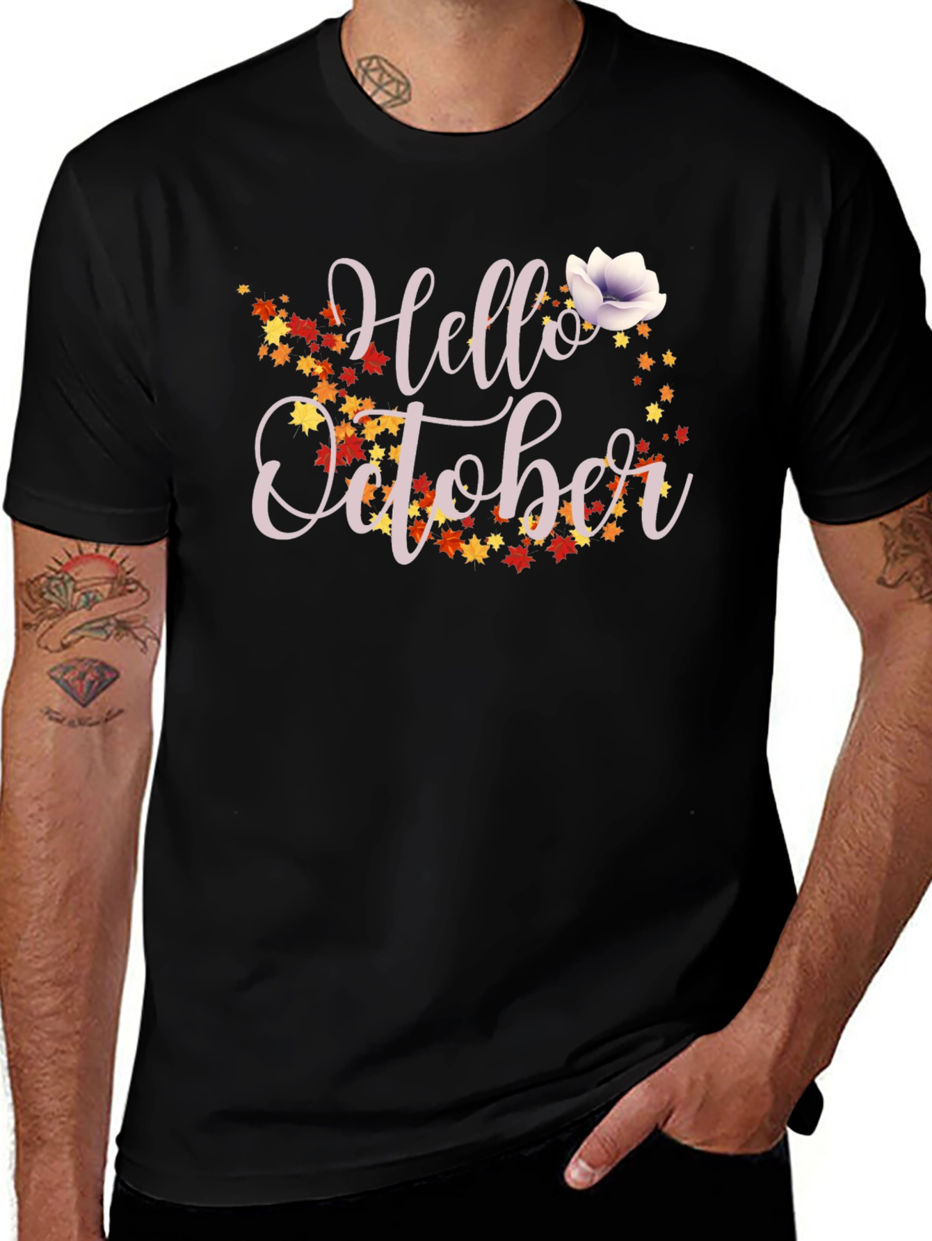 Hello October Fall Leaves Graphic T-Shirt