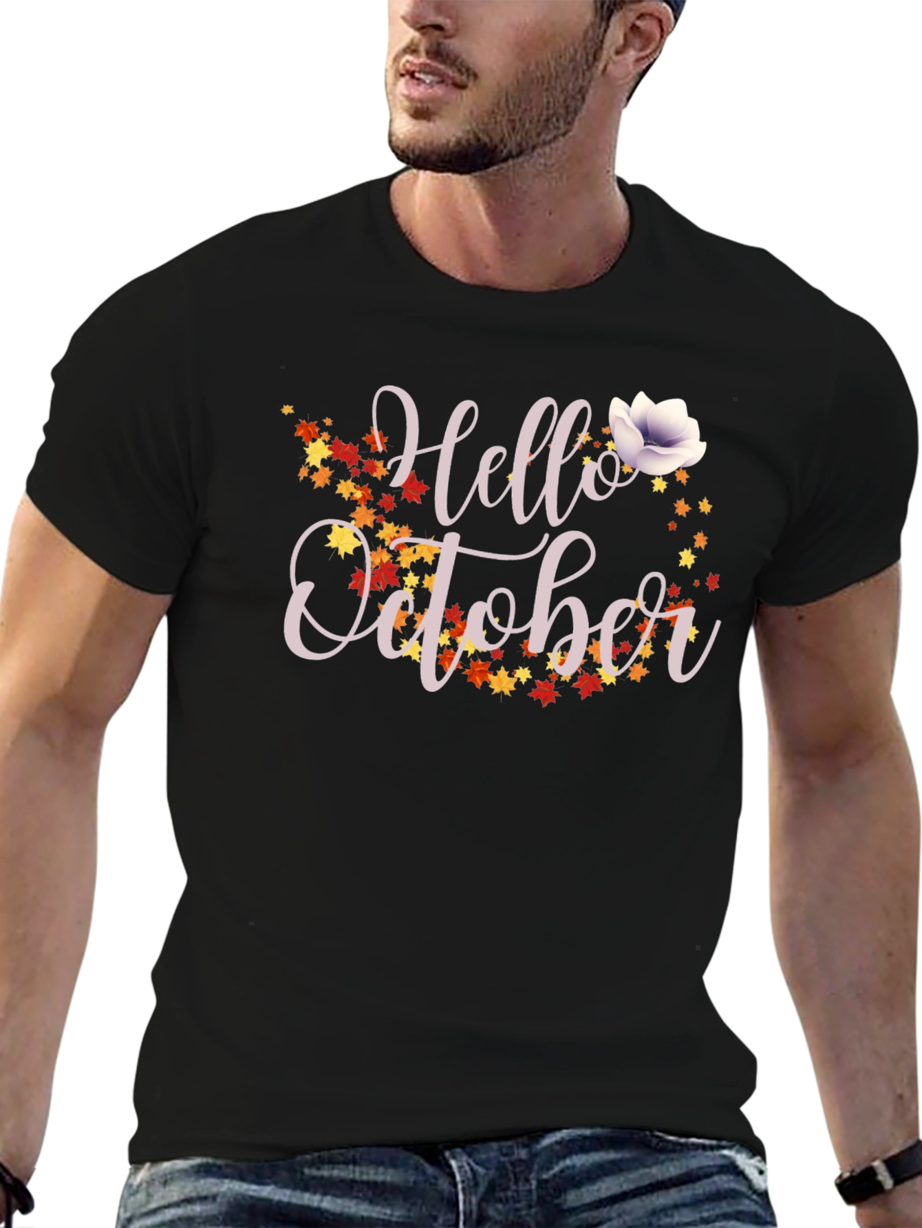 Hello October Fall Leaves Graphic T-Shirt