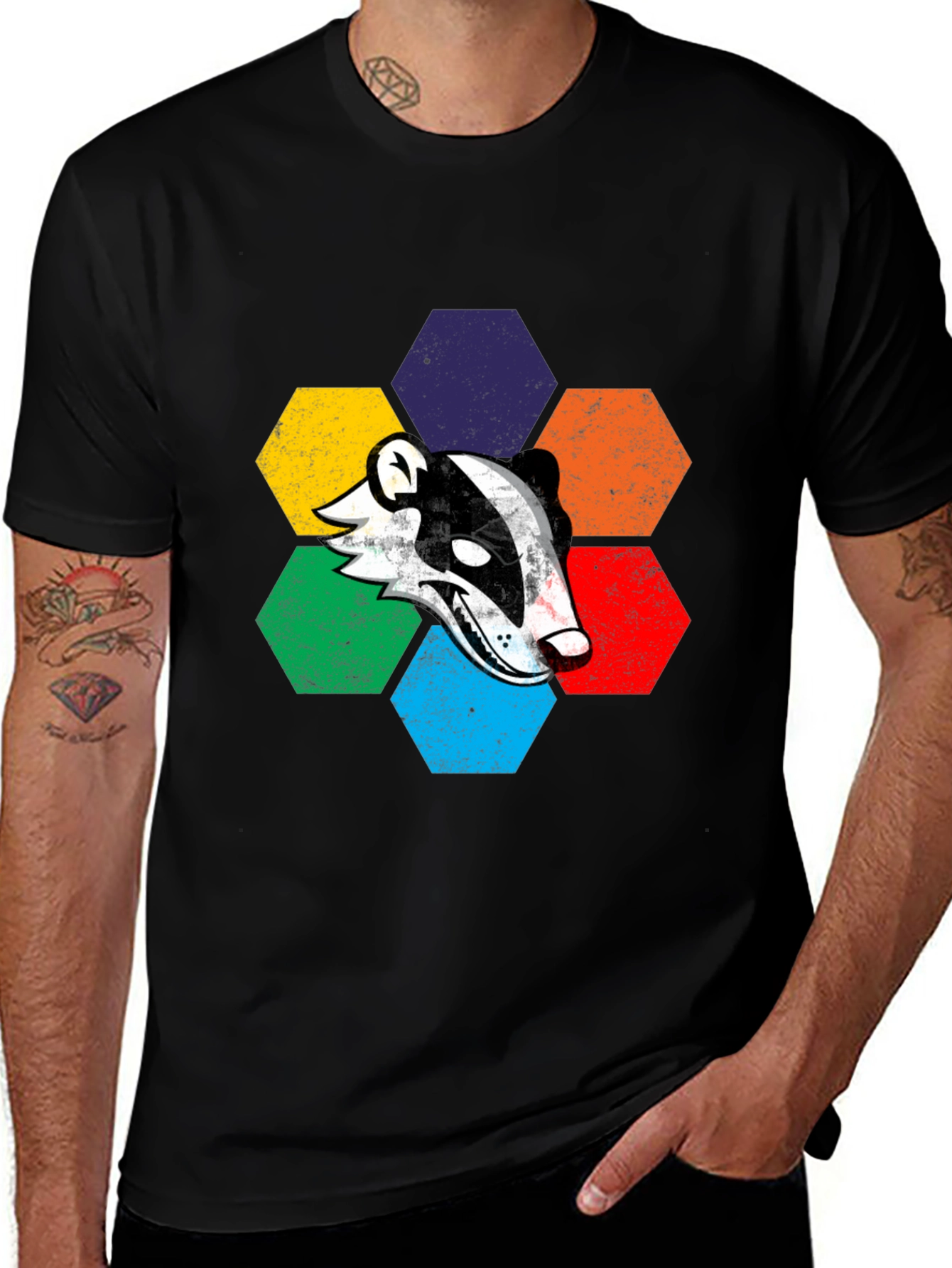 Retro Badger Hexagon Graphic T-Shirt