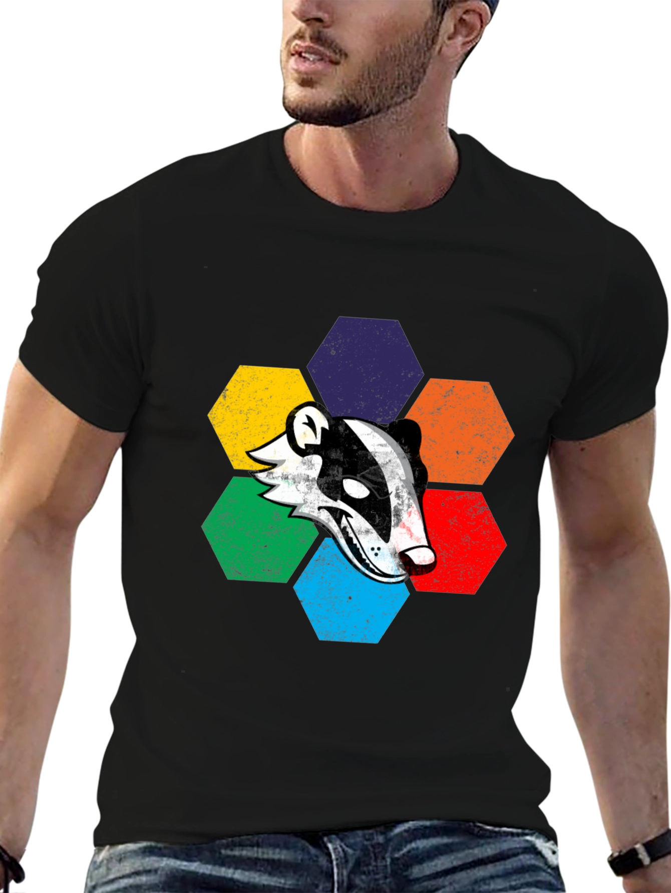 Retro Badger Hexagon Graphic T-Shirt