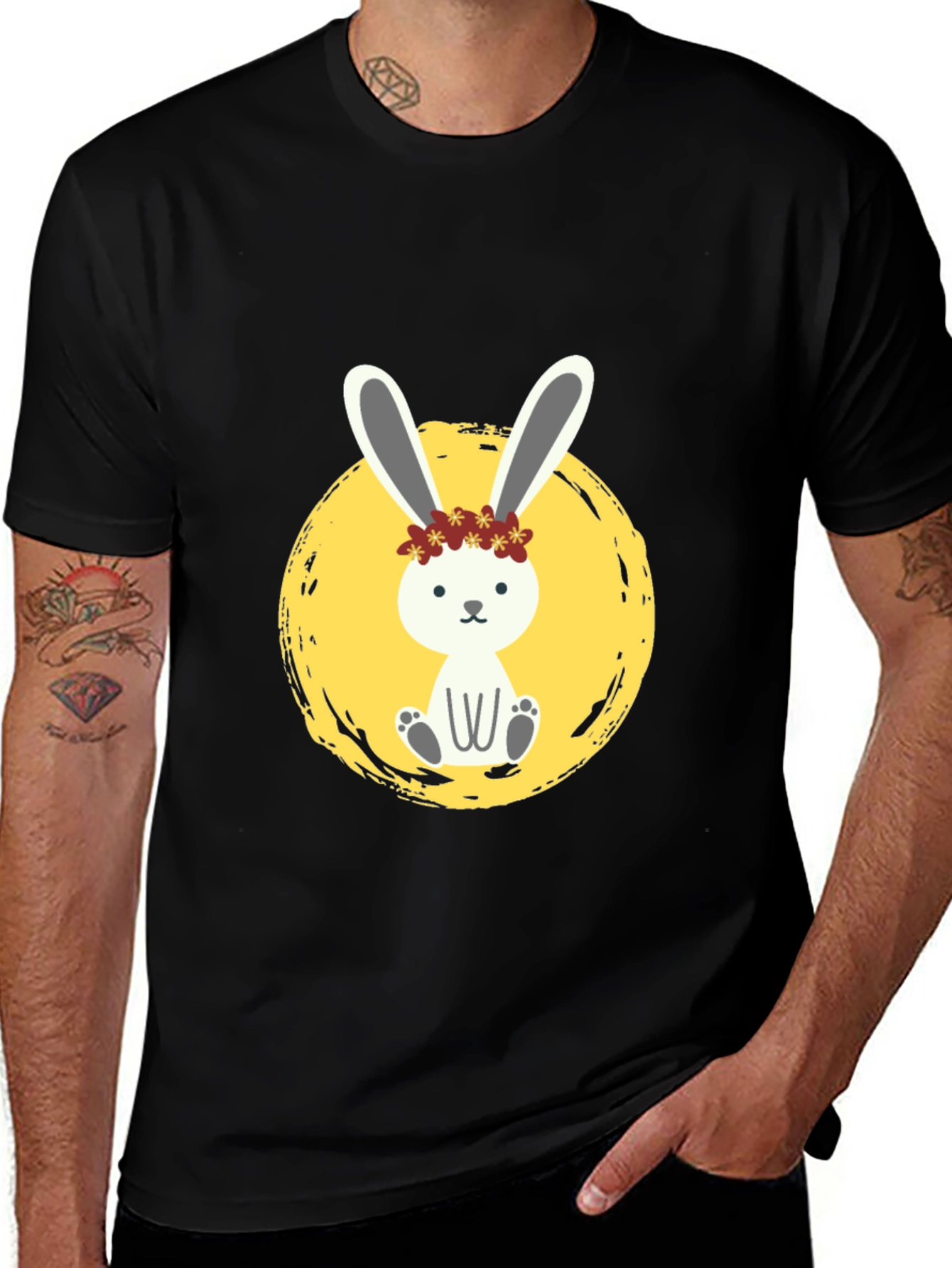 Cute Bunny Graphic Tee - Black Cotton Shirt