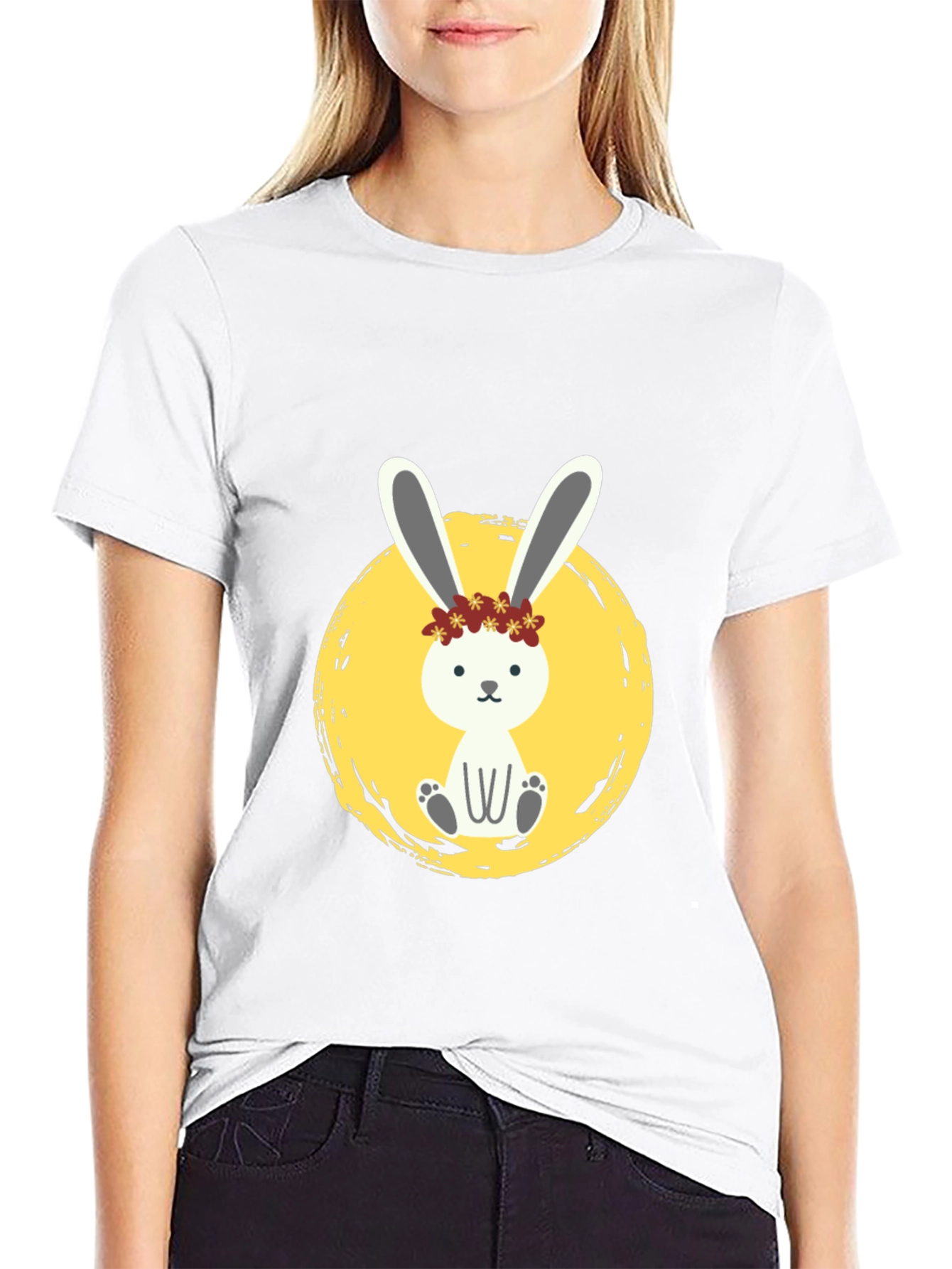 Cute Bunny Graphic Tee - Black Cotton Shirt