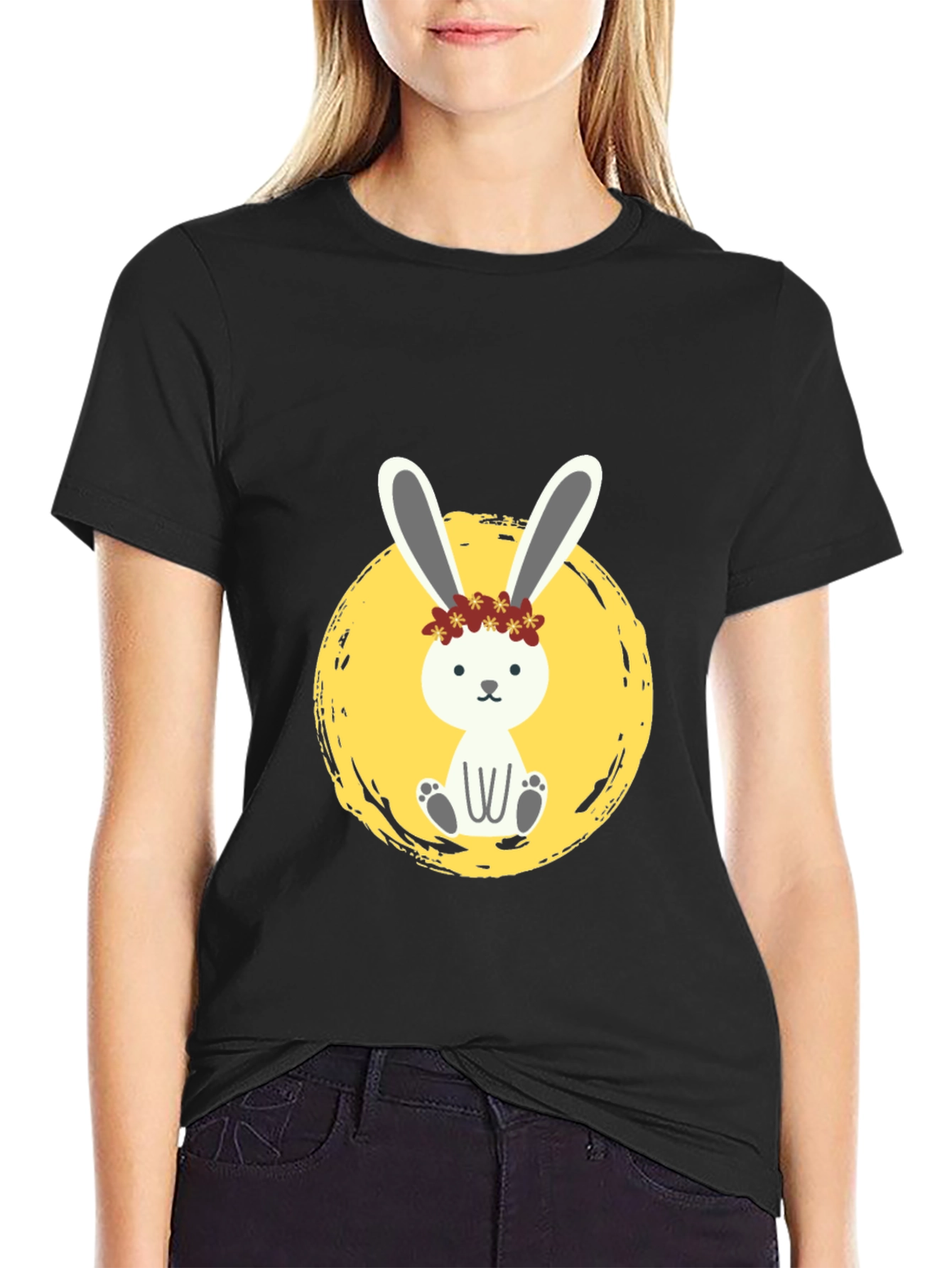 Cute Bunny Graphic Tee - Black Cotton Shirt
