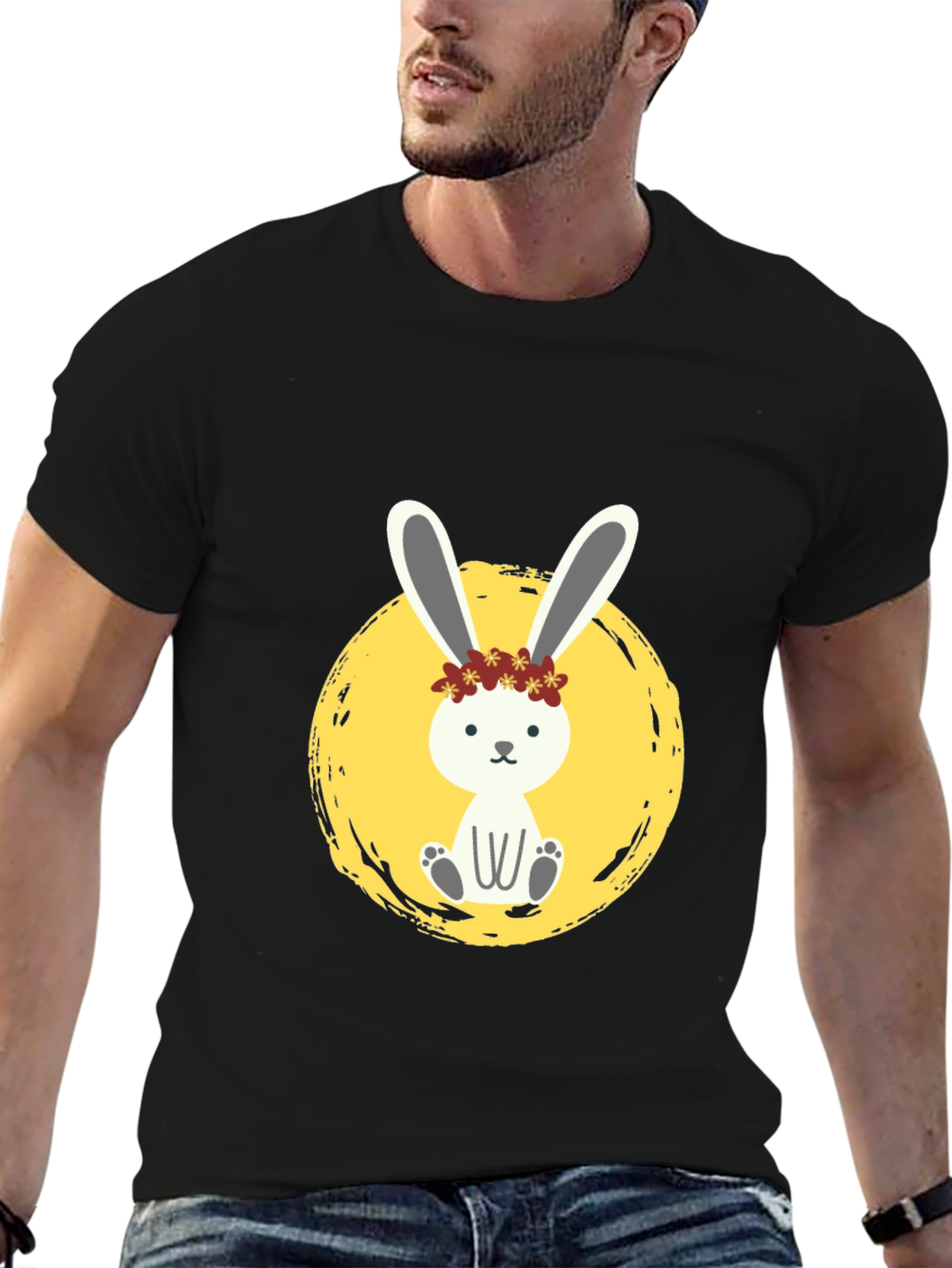 Cute Bunny Graphic Tee - Black Cotton Shirt