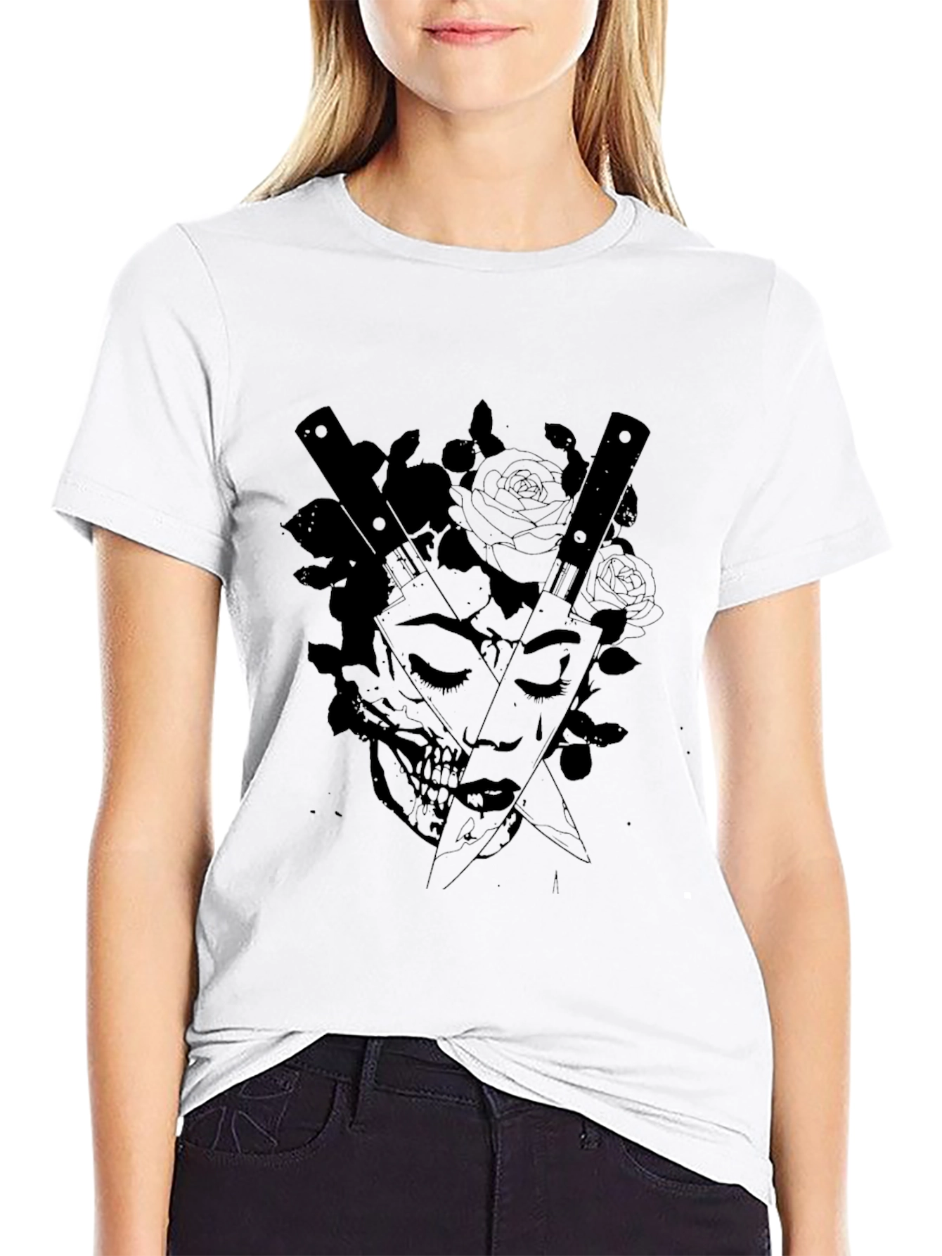 Edgy Skull & Rose Graphic Tee - Black