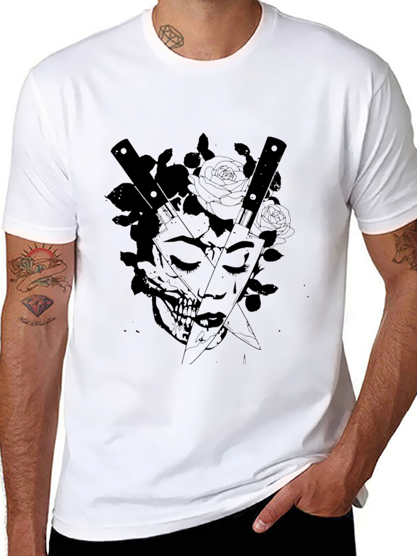 Edgy Skull & Rose Graphic Tee - Black