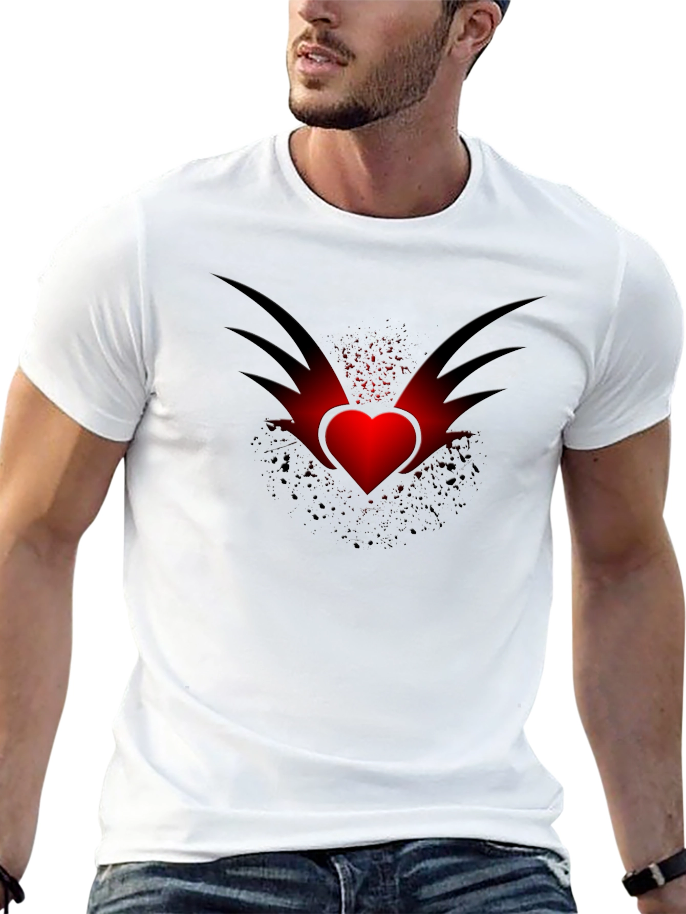 Mens Black T-Shirt with Winged Heart Graphic