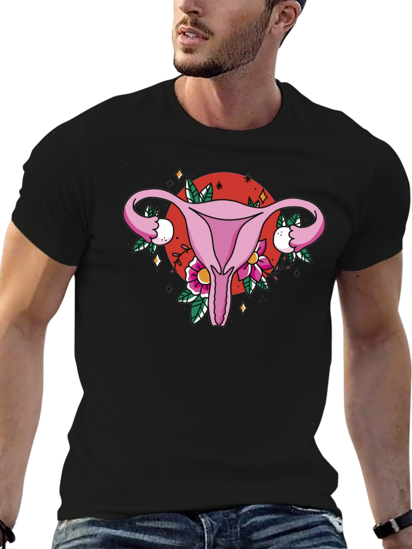 Uterus Floral Graphic Tee - Black Cotton T-Shirt