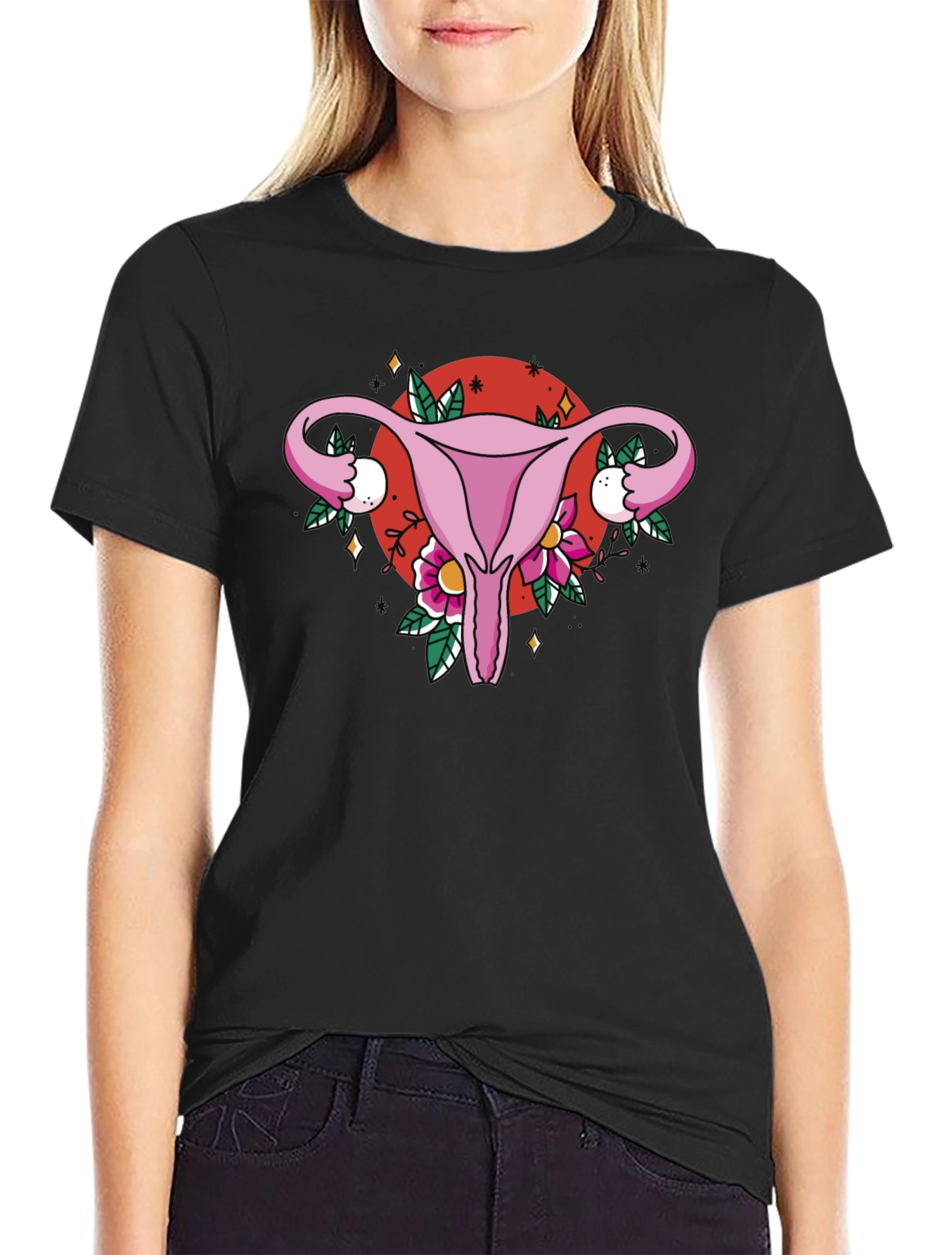 Uterus Floral Graphic Tee - Black Cotton T-Shirt