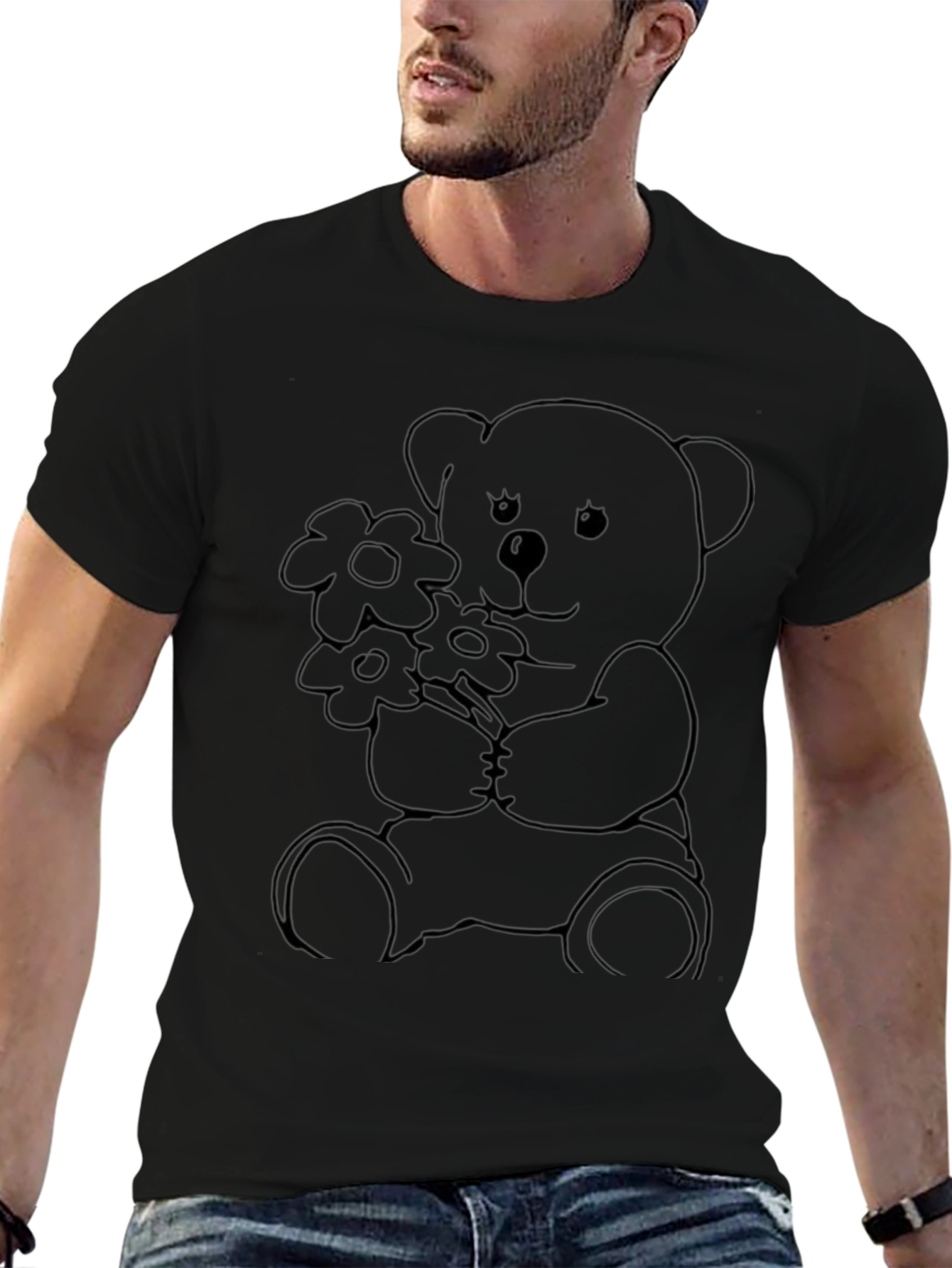 Black Teddy Bear Flowers Graphic Tee