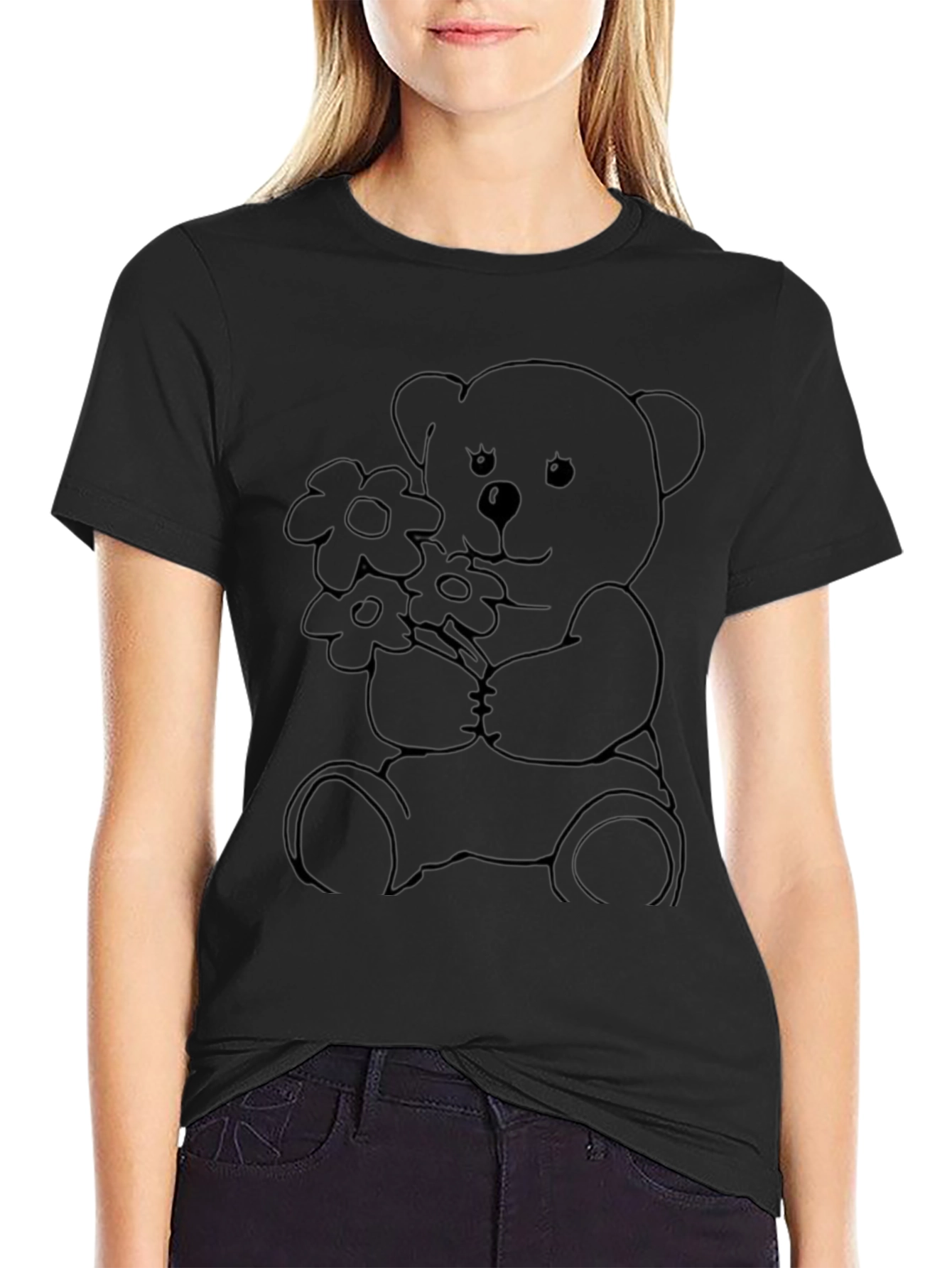 Black Teddy Bear Flowers Graphic Tee
