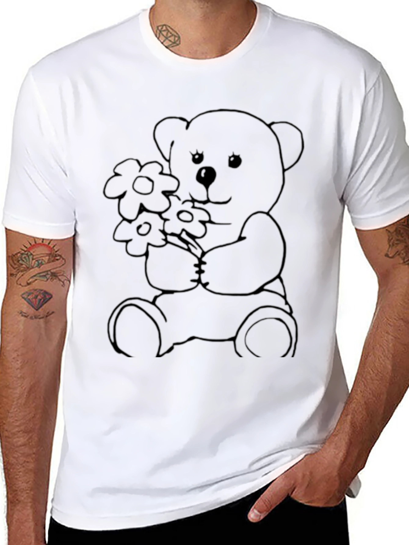 Black Teddy Bear Flowers Graphic Tee