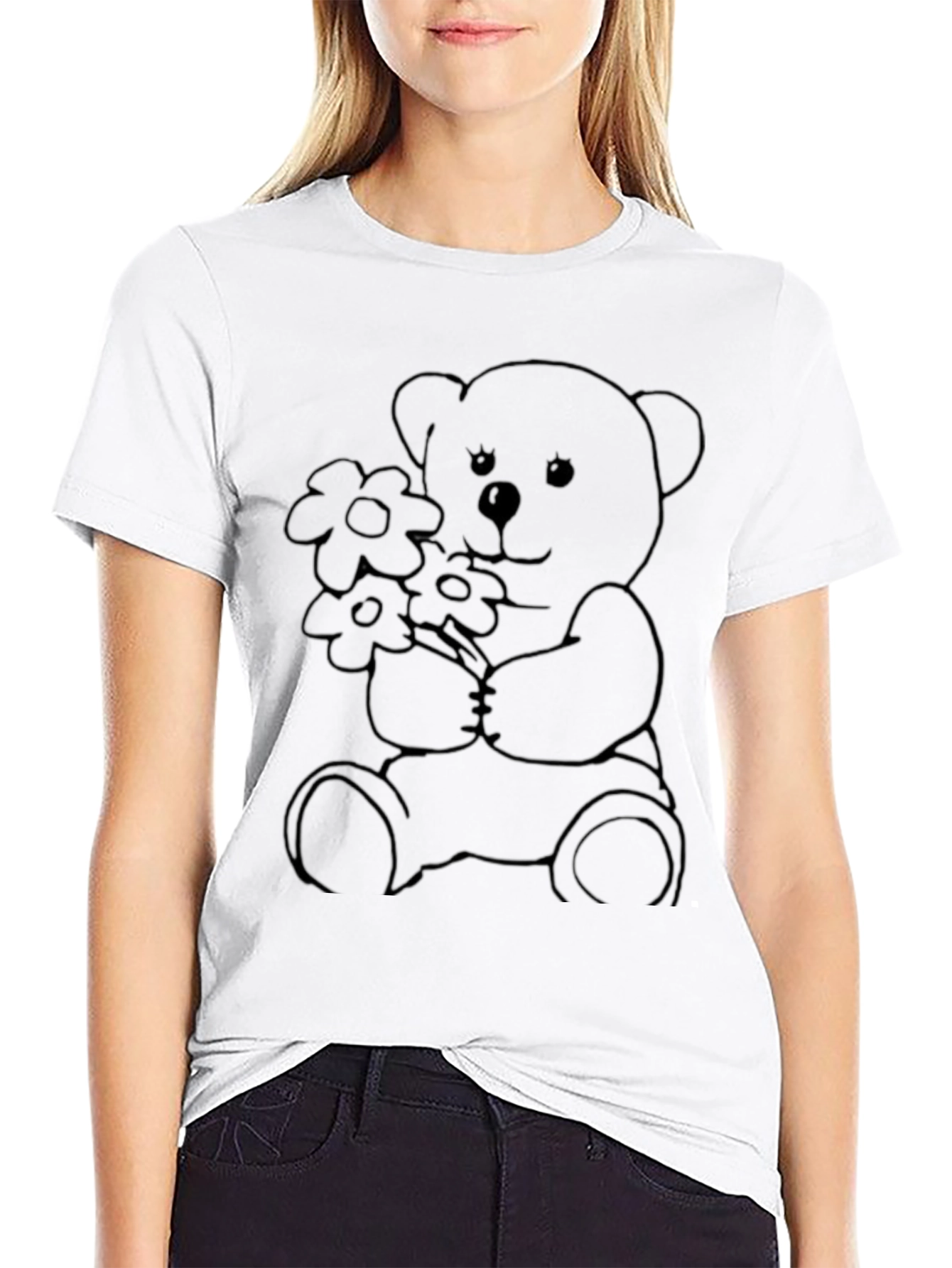 Black Teddy Bear Flowers Graphic Tee