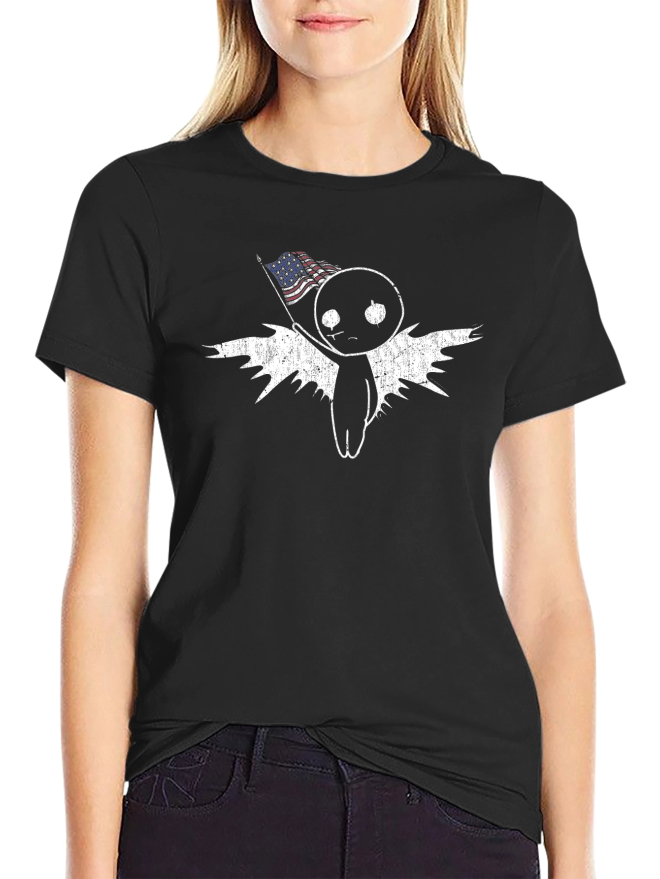American Flag Angel Graphic Tee - Black
