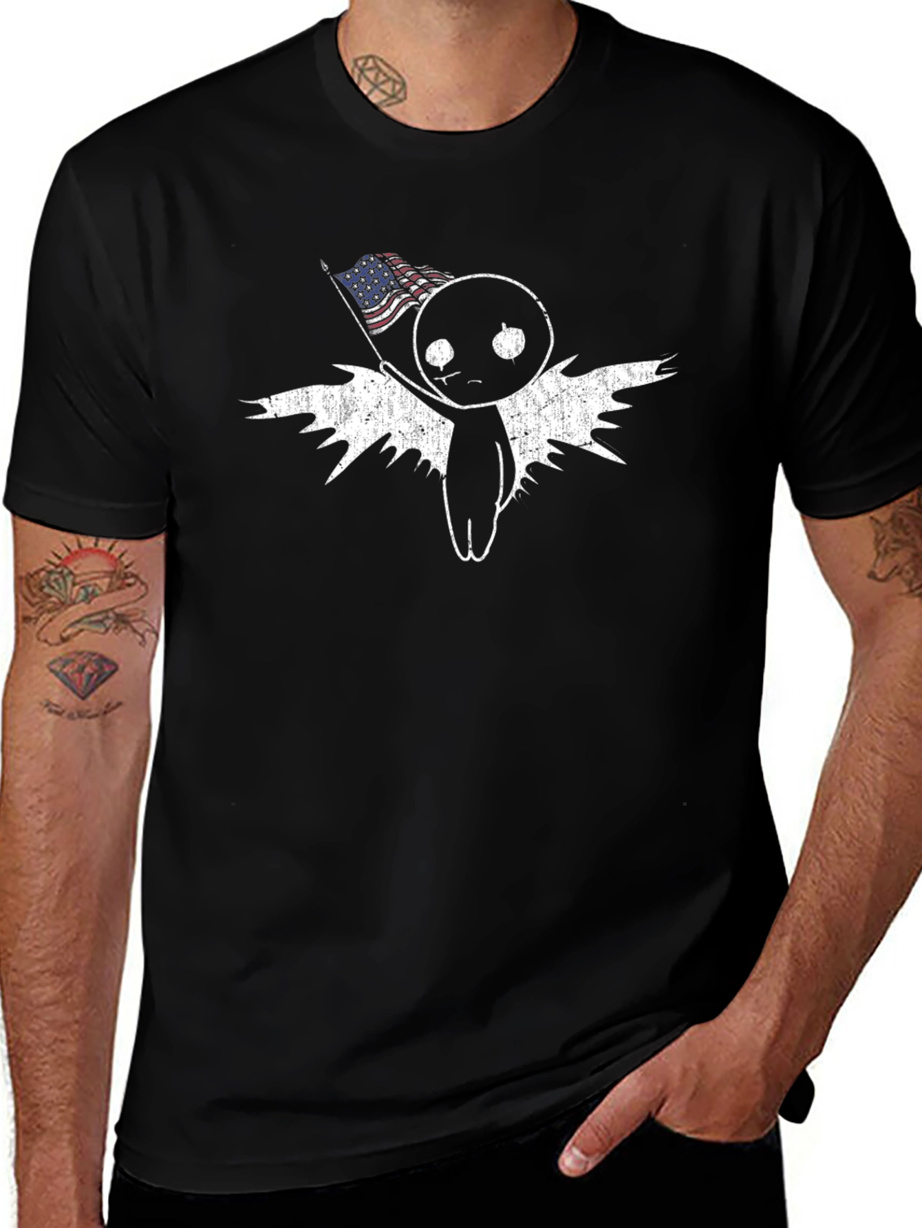 American Flag Angel Graphic Tee - Black