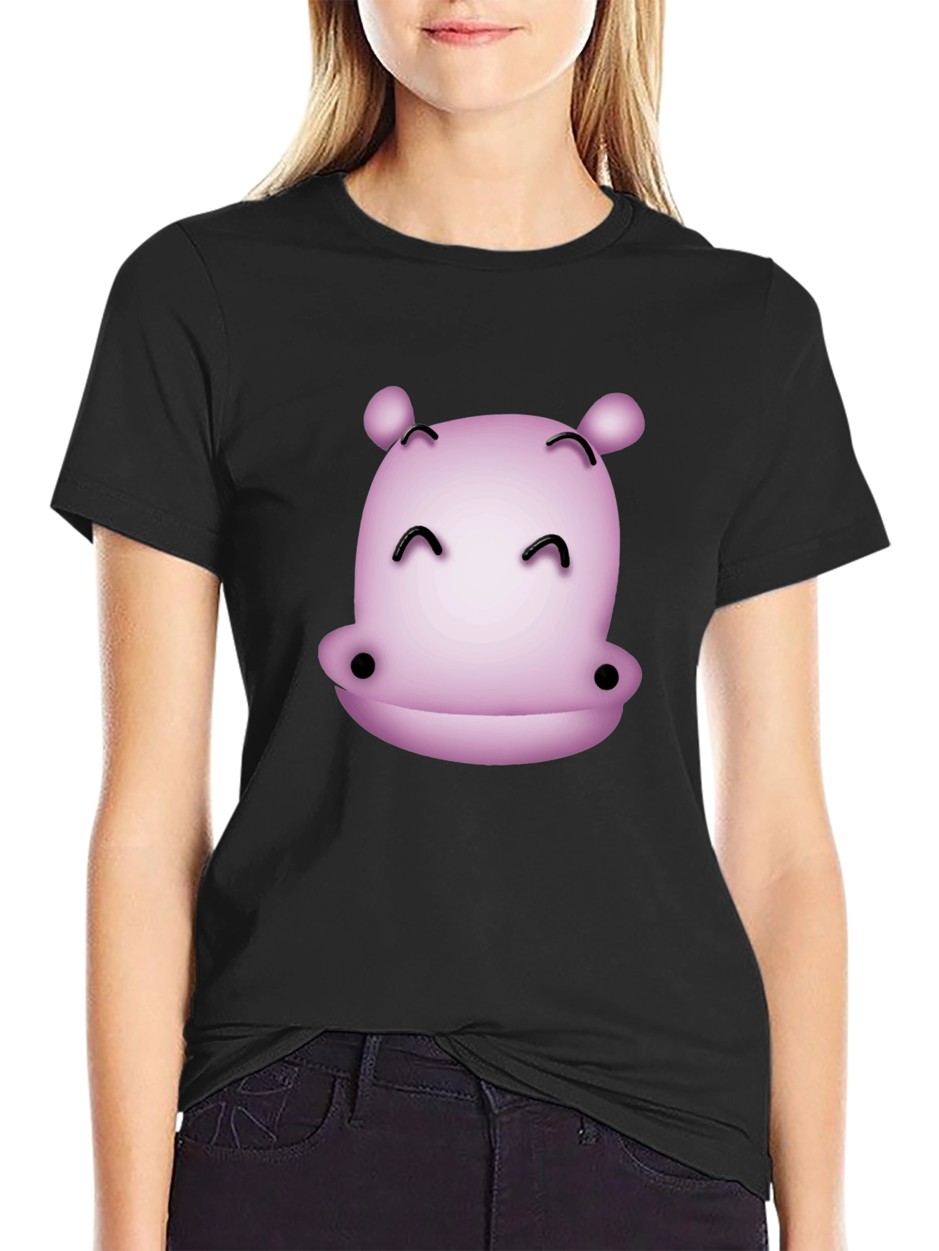 Cute Hippo Graphic T-Shirt - Black Casual Tee