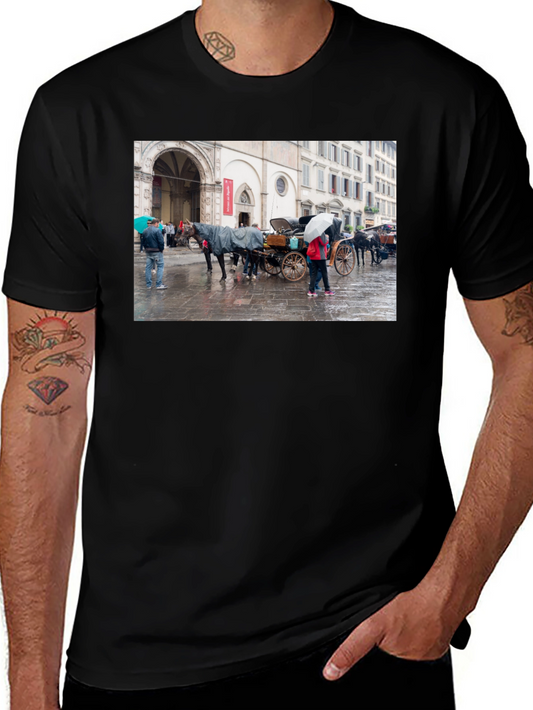 Horse Carriage Scene Graphic Black T-Shirt