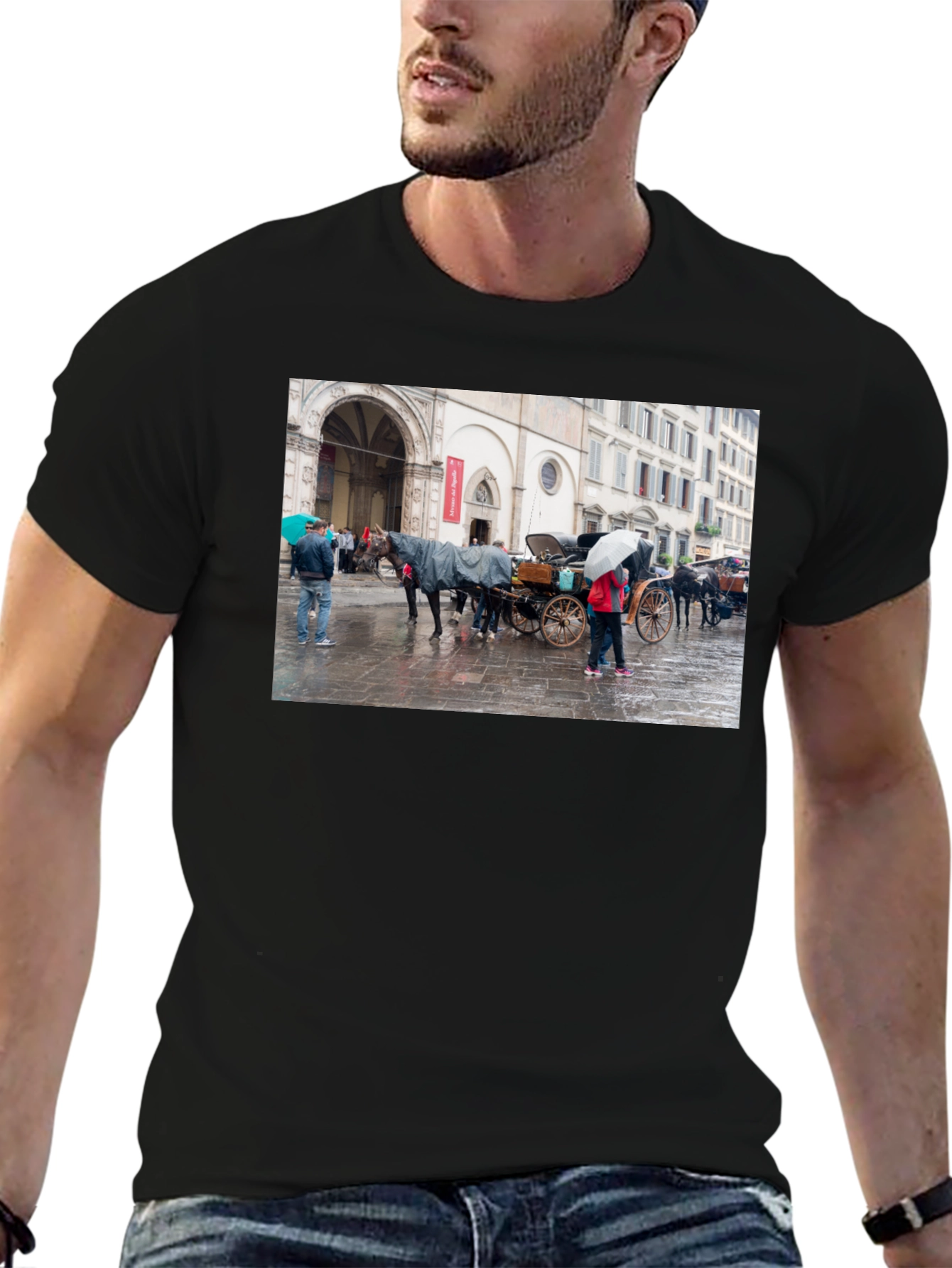 Horse Carriage Scene Graphic Black T-Shirt
