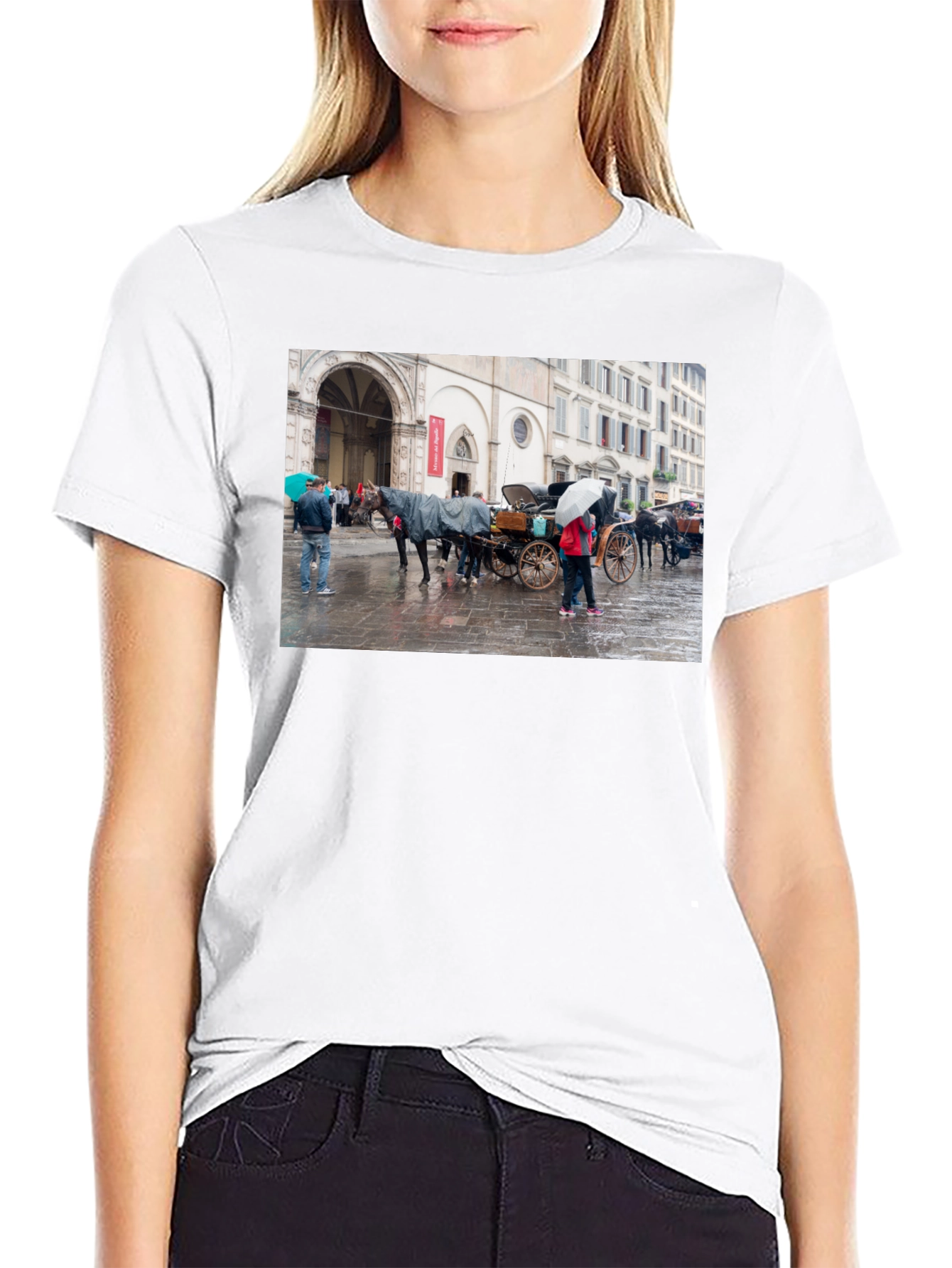 Horse Carriage Scene Graphic Black T-Shirt