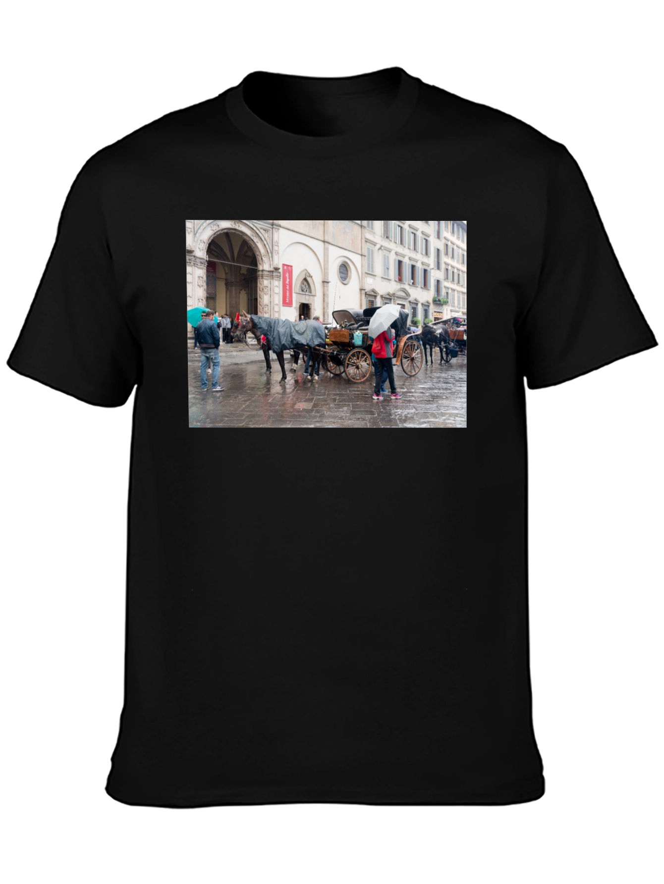 Horse Carriage Scene Graphic Black T-Shirt