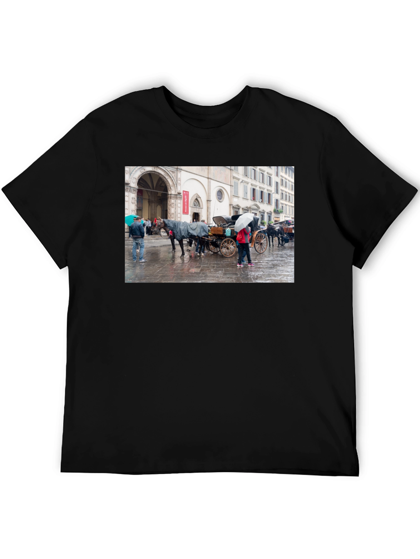 Horse Carriage Scene Graphic Black T-Shirt