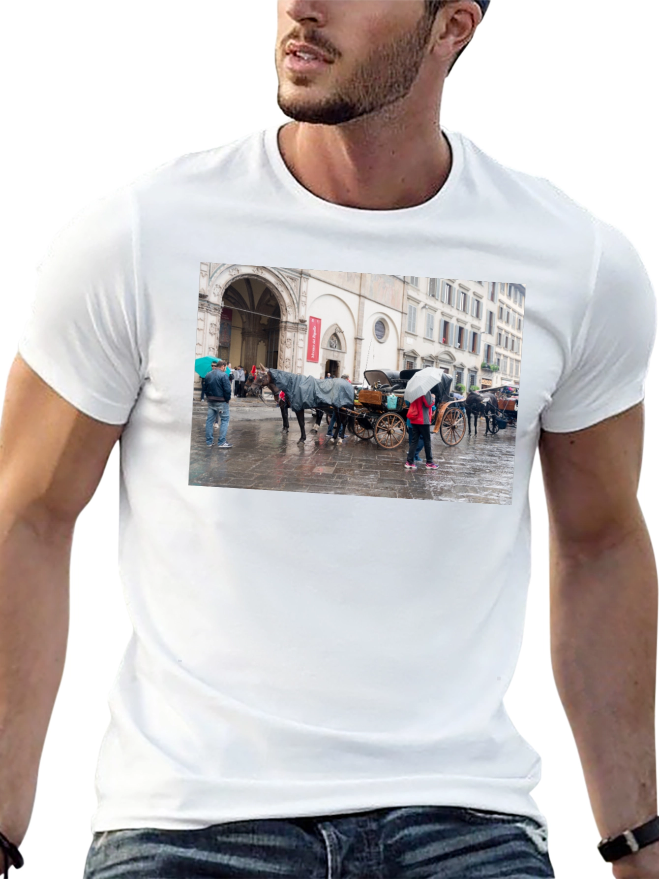 Horse Carriage Scene Graphic Black T-Shirt