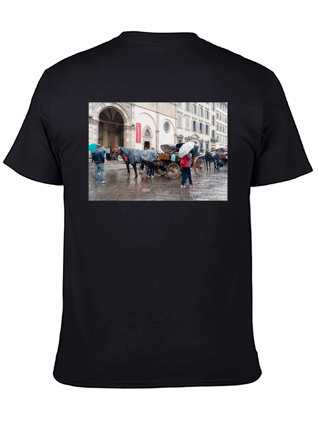 Horse Carriage Scene Graphic Black T-Shirt