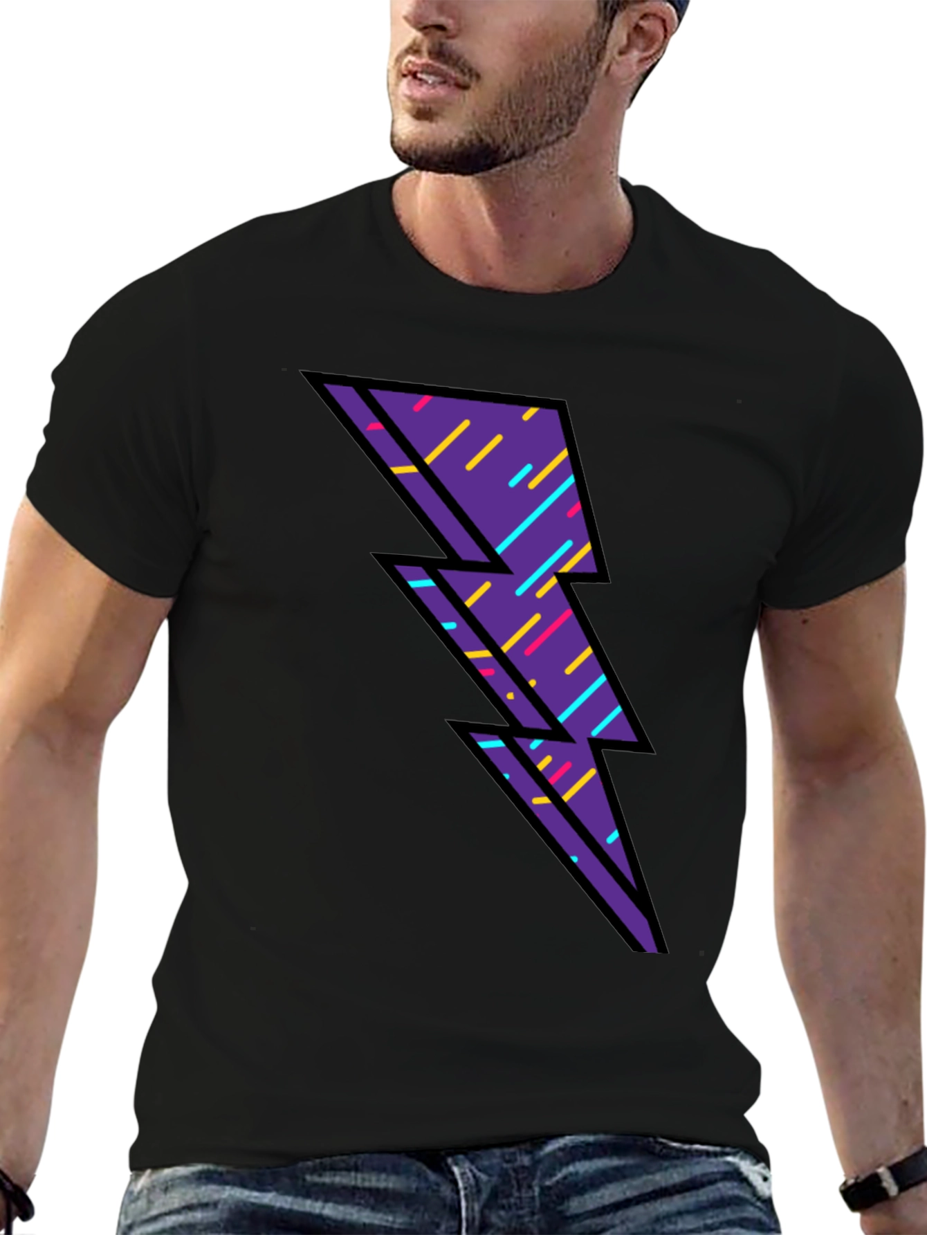 Retro Lightning Bolt Graphic T-Shirt - Black