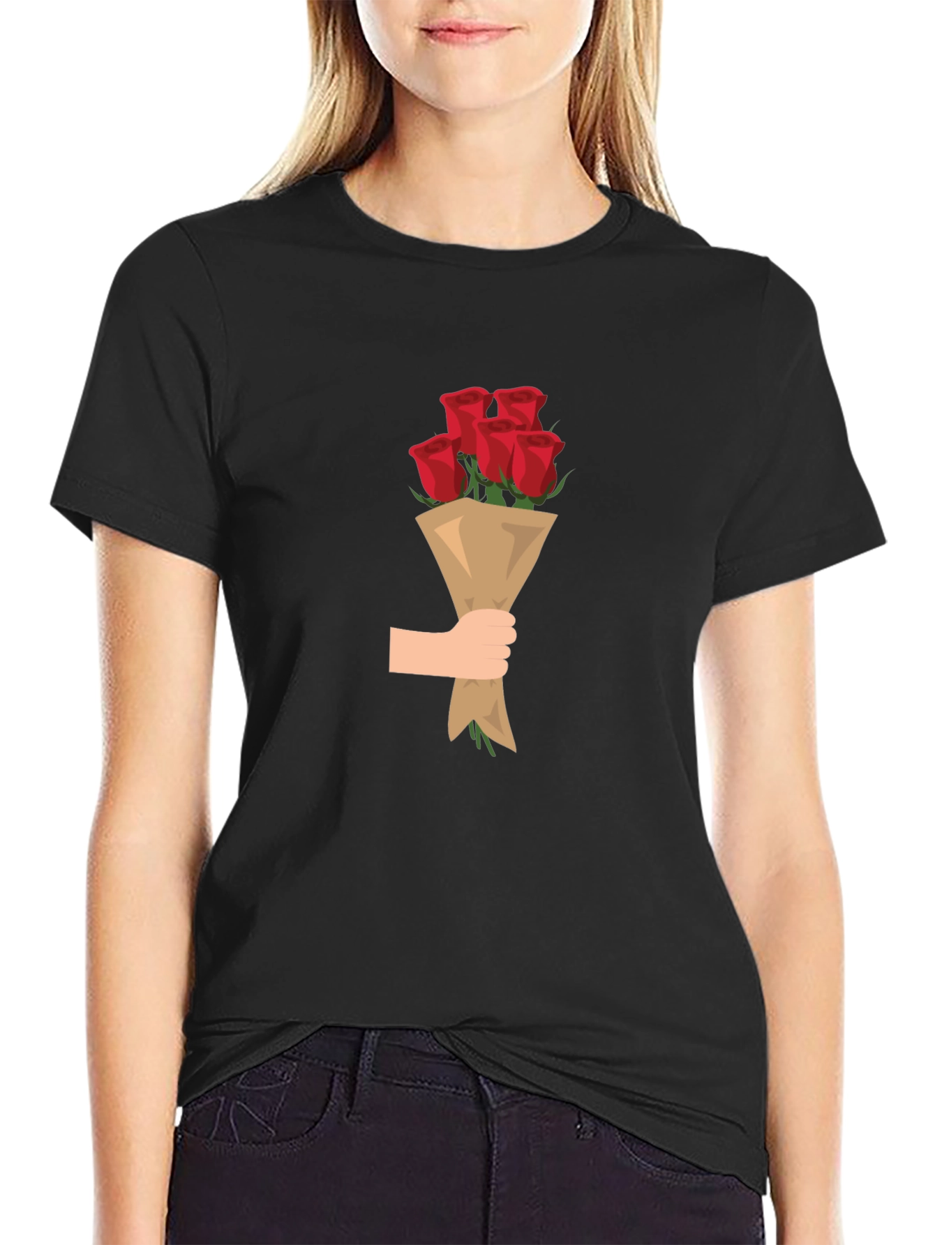 Black T-Shirt with Roses Bouquet Graphic