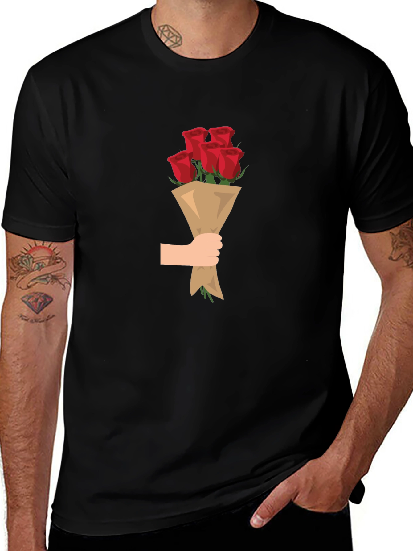 Black T-Shirt with Roses Bouquet Graphic