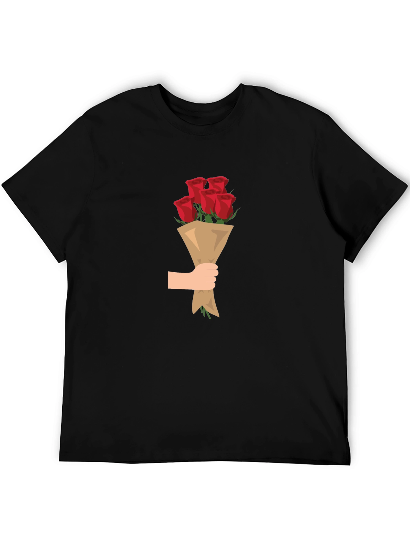 Black T-Shirt with Roses Bouquet Graphic