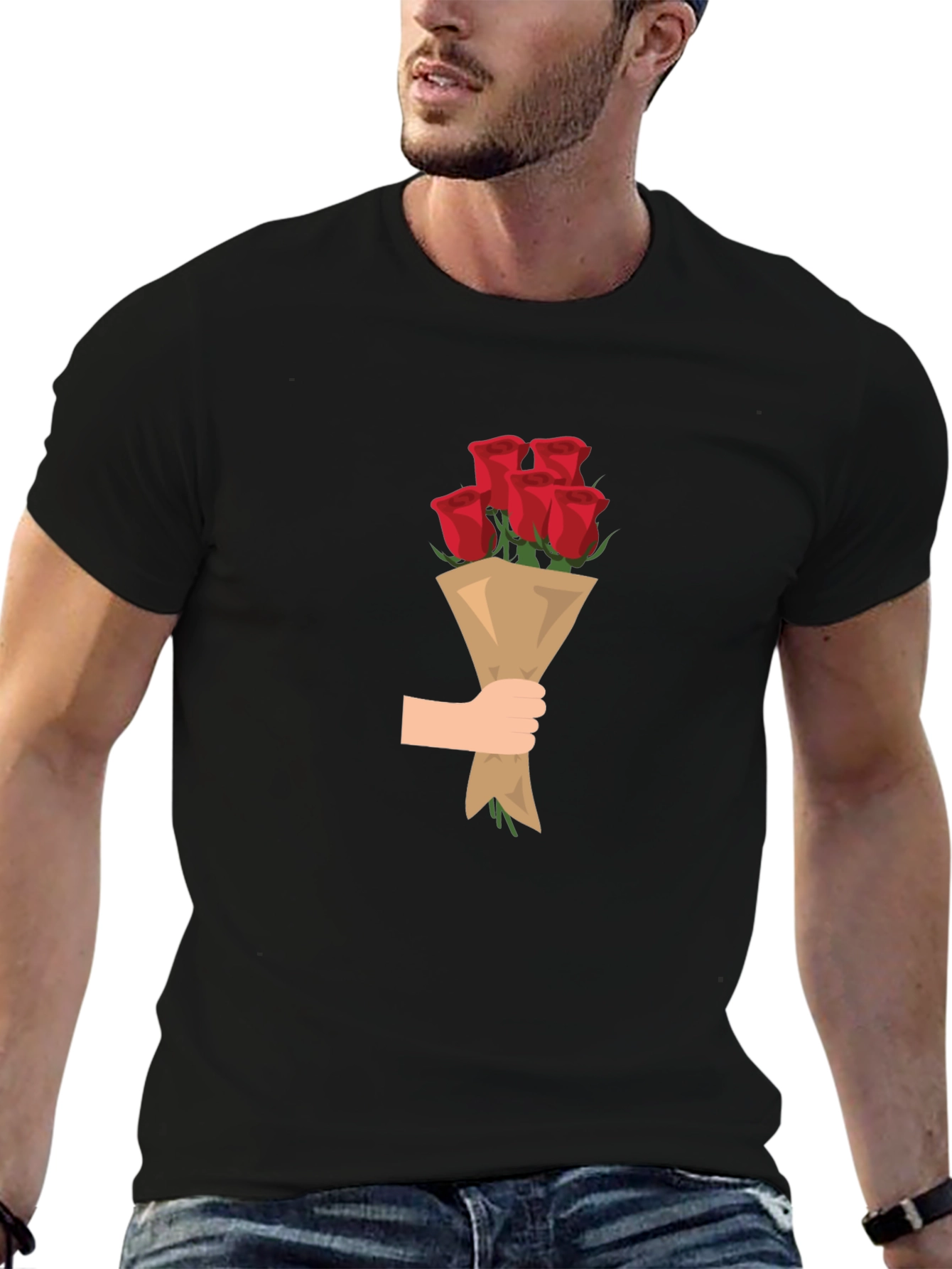 Black T-Shirt with Roses Bouquet Graphic