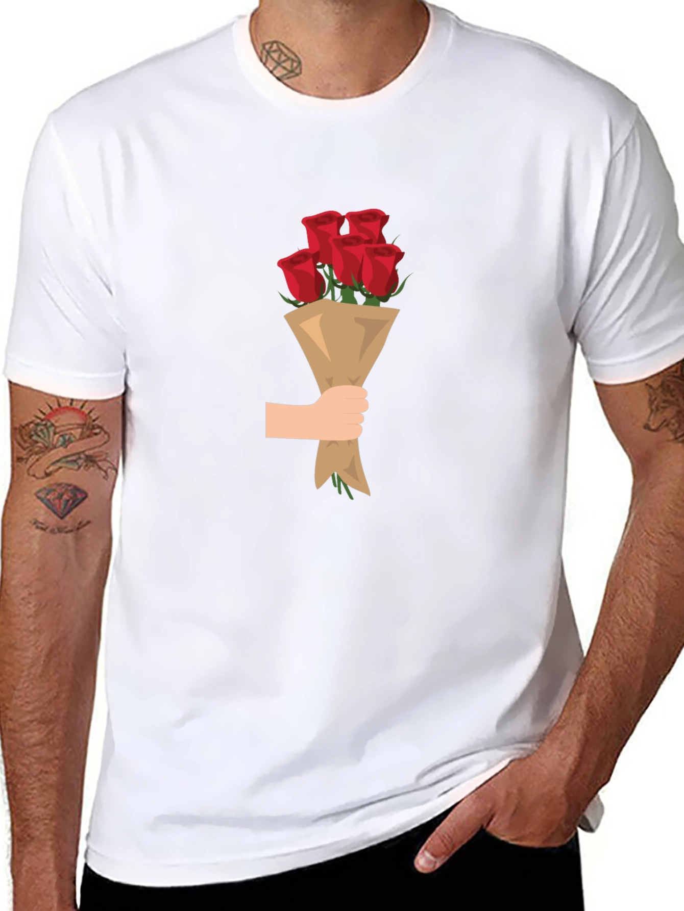 Black T-Shirt with Roses Bouquet Graphic