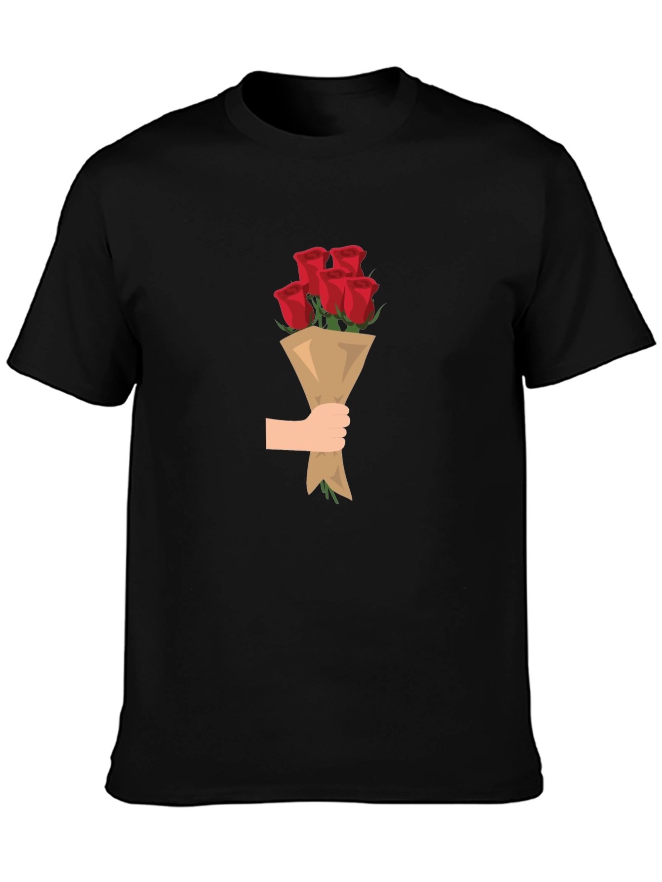 Black T-Shirt with Roses Bouquet Graphic