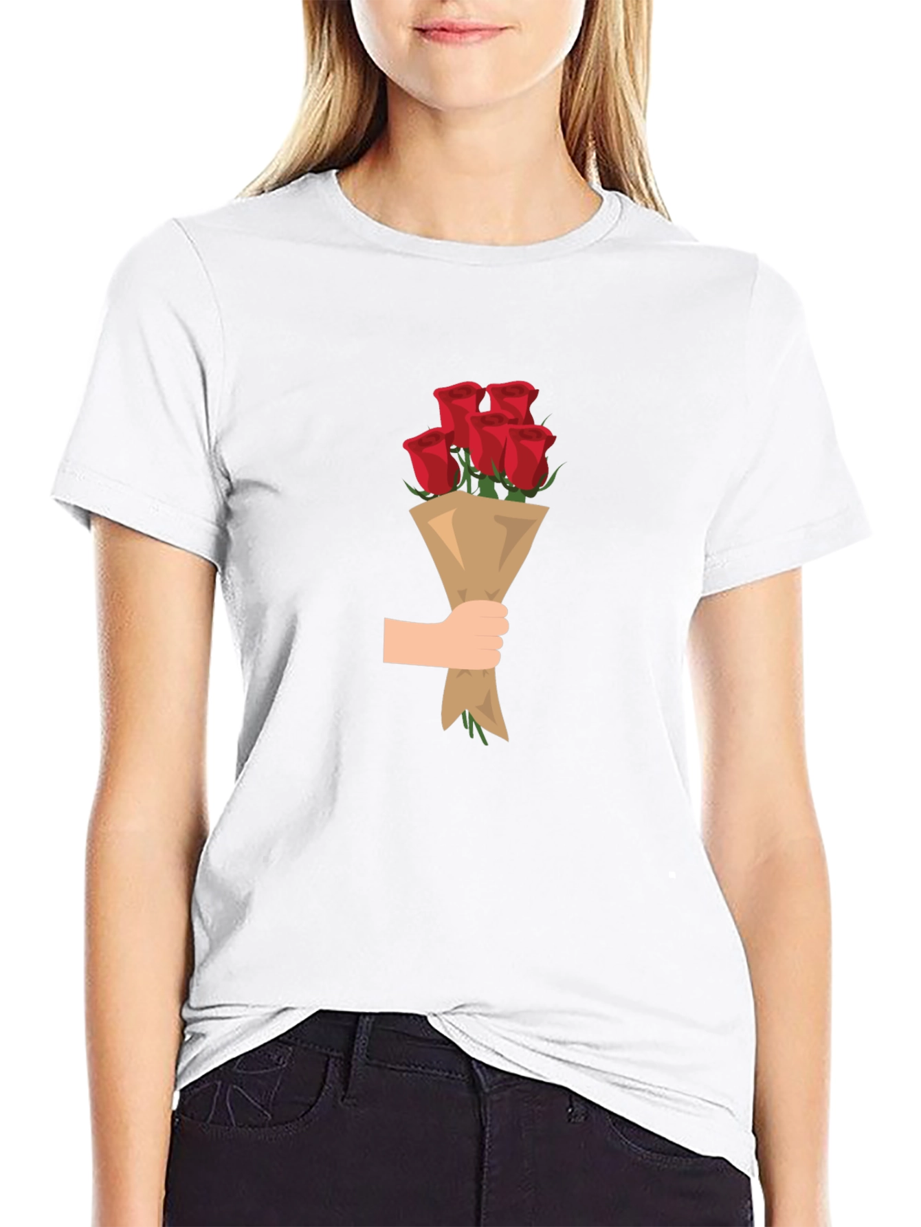Black T-Shirt with Roses Bouquet Graphic